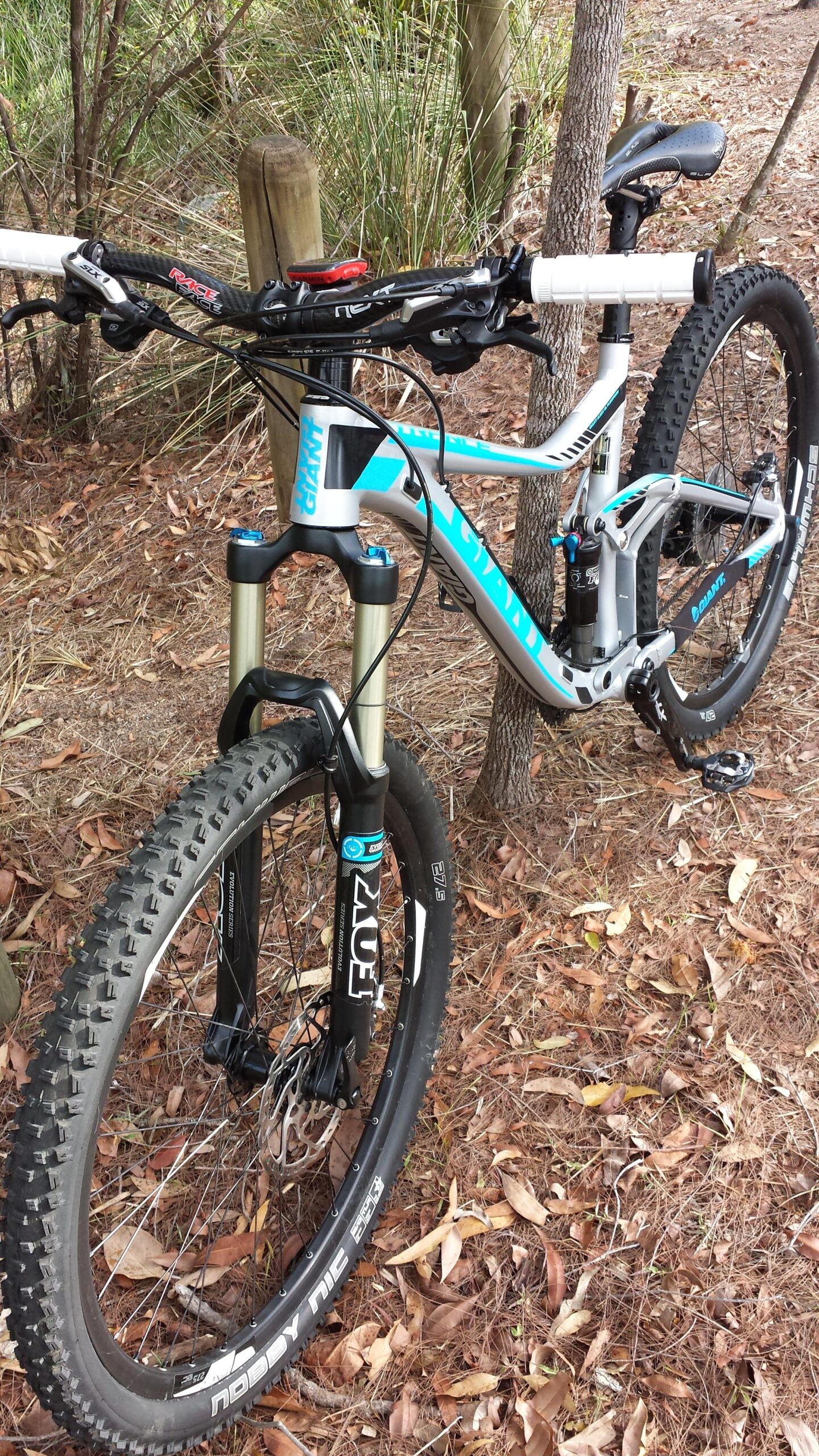 Giant Trance 27.5 1: A close-up view of a mountain bike positioned on a forest trail, showing details of the frame, handlebars, and front suspension. The bike has a silver and blue design, thick tires with a rugged tread, and is surrounded by fallen leaves and pine needles. In the background, there are trees and underbrush typical of a natural outdoor setting.