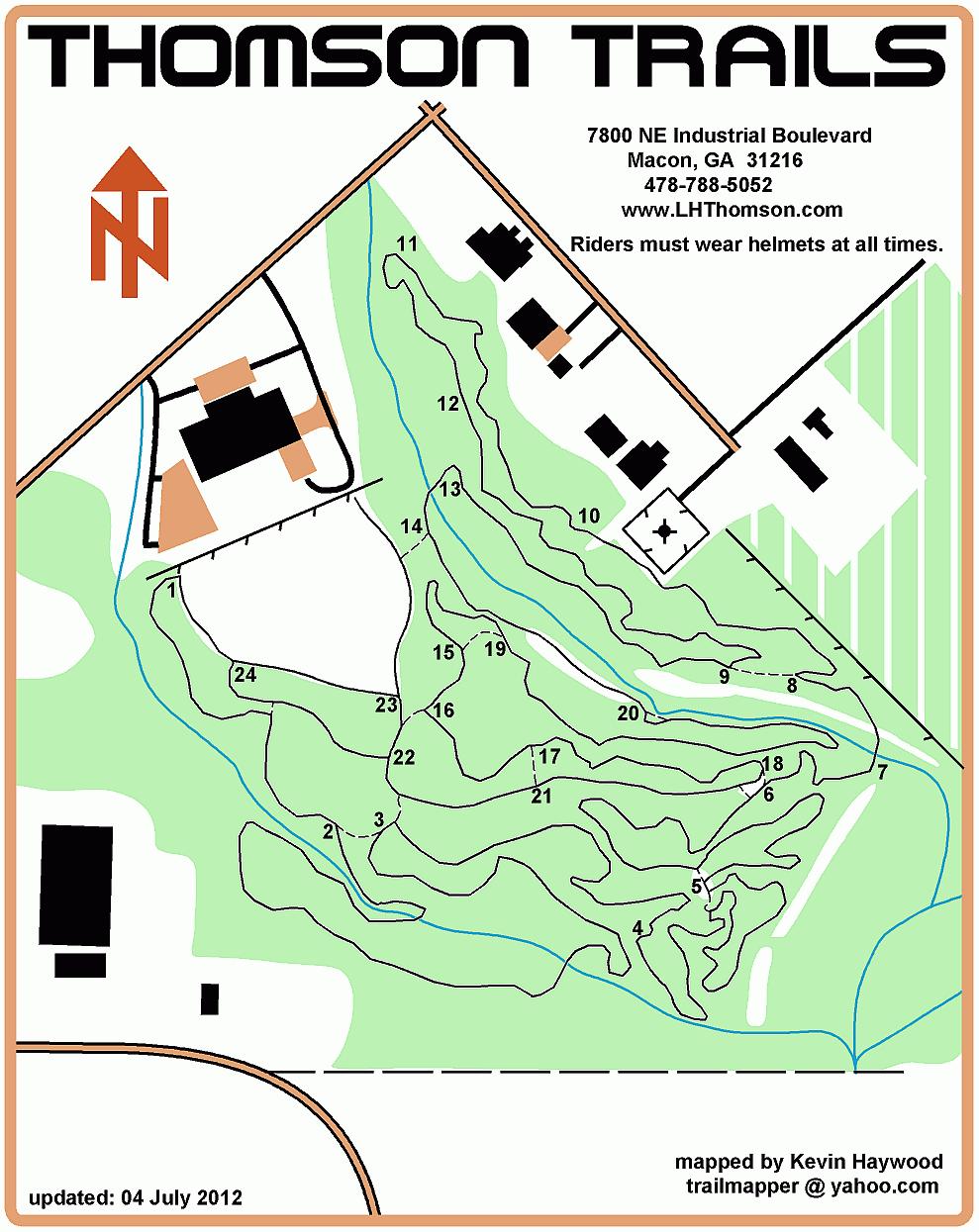 Map of Thomson Trails located in Macon, Georgia. The map includes trail numbers and indicates the layout of the area, featuring various paths for riders. Text notes the requirement for helmet use and provides contact information for the trail management. Updated on July 4, 2012. L.H. Thomson Trails mountain bike trail.