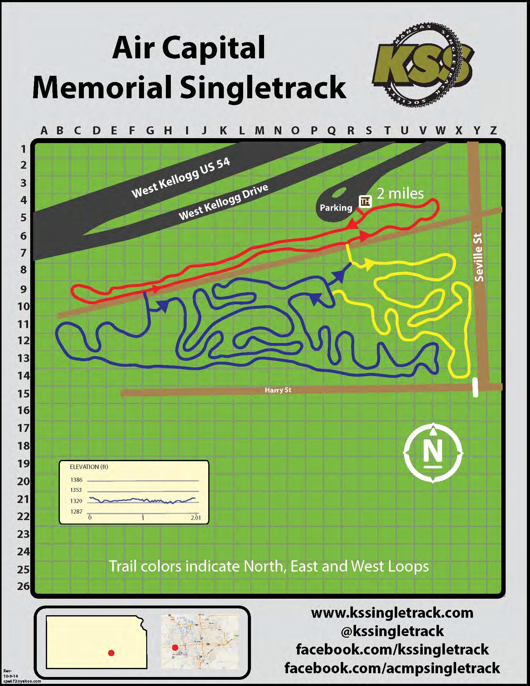 Map of the Air Capital Memorial Singletrack trail, showing various colored loops for biking paths, parking locations, and nearby streets. The map includes an elevation profile and indicates trail colors for North, East, and West loops, with a scale and orientation marker. Air Capital Memorial Park mountain bike trail.