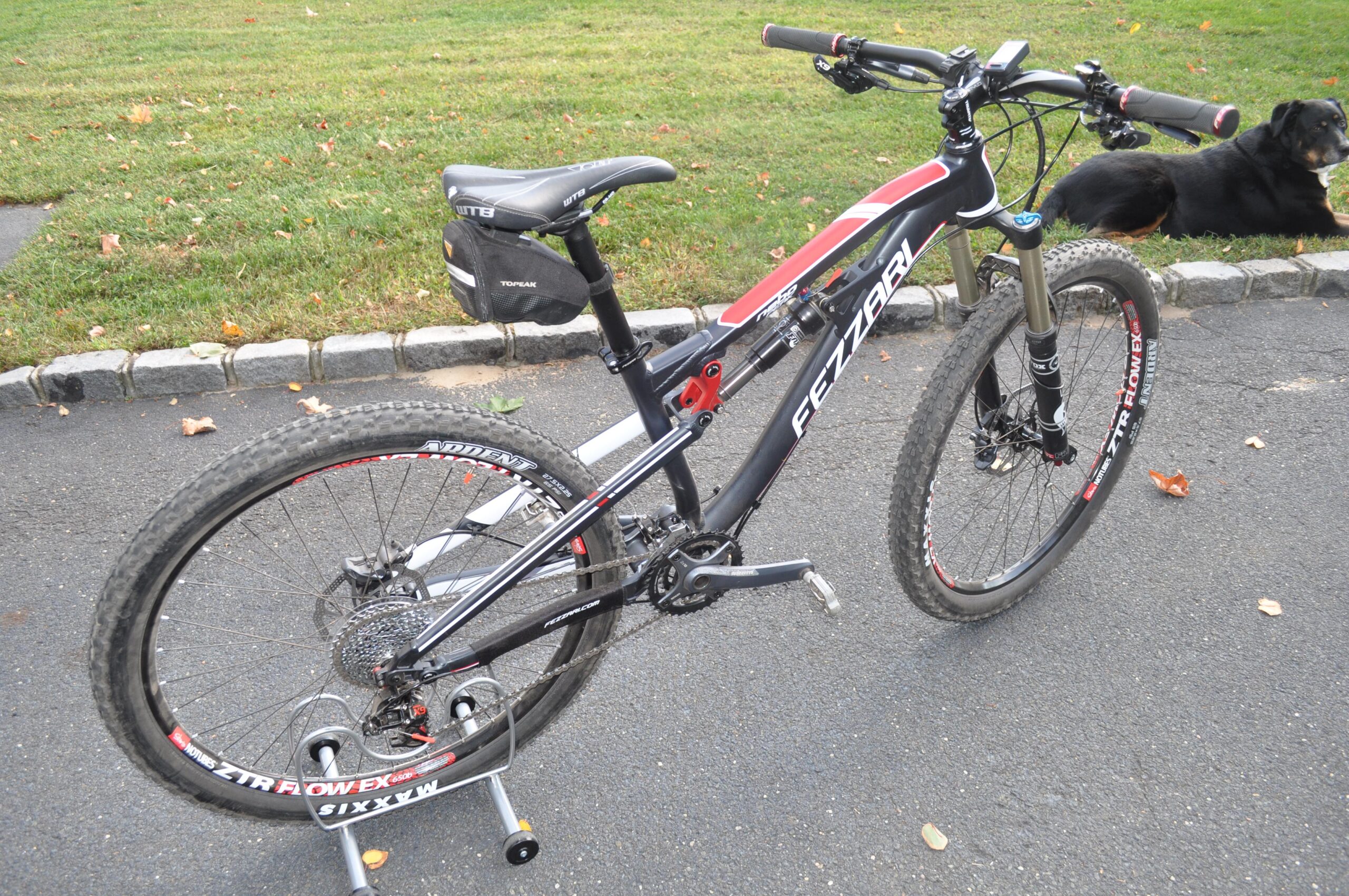 Fezzari Nebo Peak: A black and red mountain bike is parked on a paved surface, showing its features including thick tires and a rear gear system. A small black saddlebag is attached beneath the seat. In the background, a grassy area is visible, along with a black dog lying on the ground.