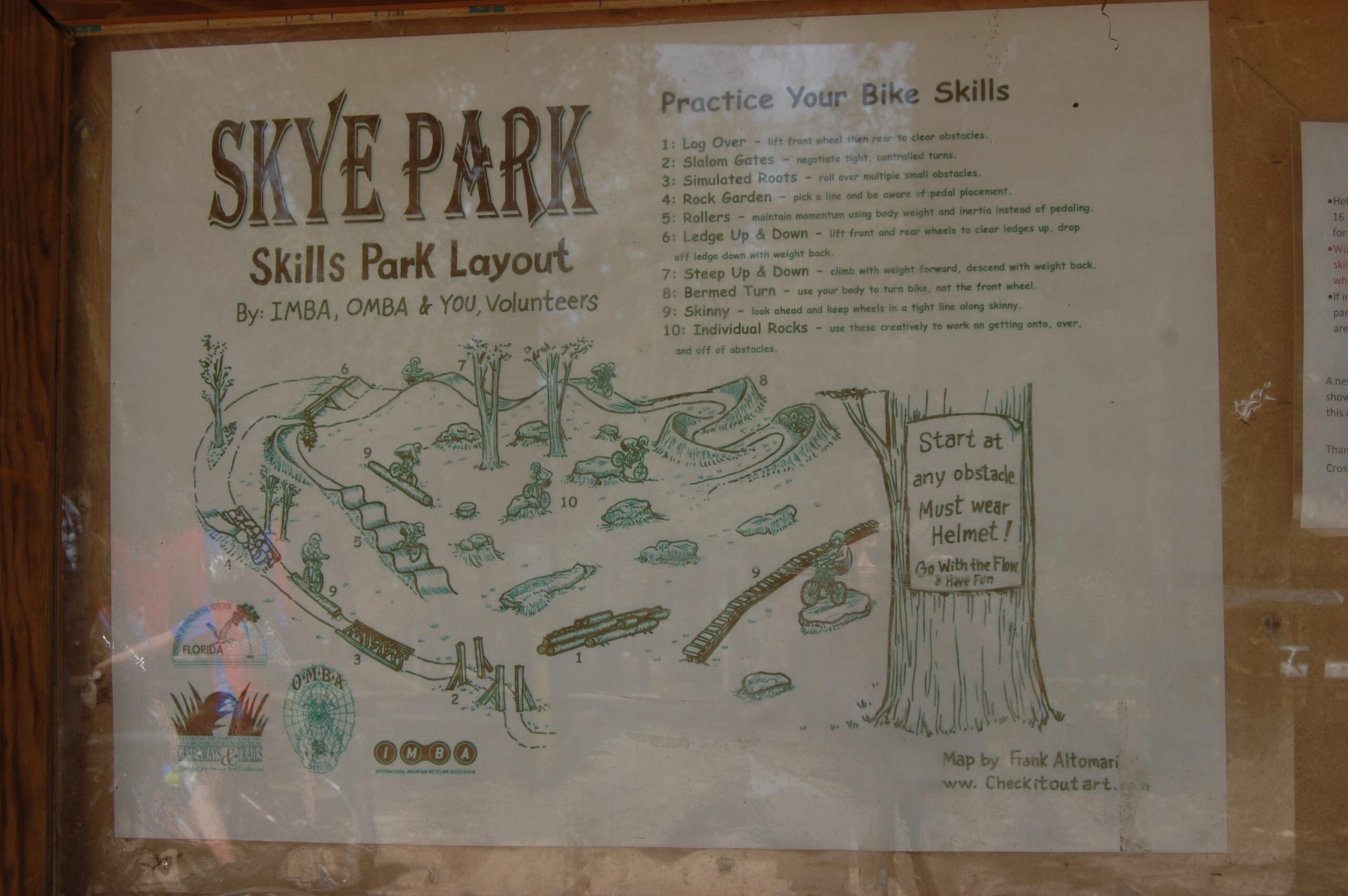 A sign displaying the layout of Skye Park, a bike skills park. The map includes numbered obstacles for practicing bike skills, such as slalom gates, rock gardens, and ledges. Instructions emphasize safety, including a reminder to wear helmets, and encourage users to start at any obstacle. The sign features playful illustrations and is created by IMBA, OMBA, and volunteers. Santos mountain bike trail.