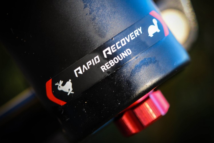 Close-up image of a black shock absorber featuring a label with the text "RAPID RECOVERY REBOUND" and a small graphic of a rabbit. The shock absorber has a prominent red adjustment knob at the bottom.