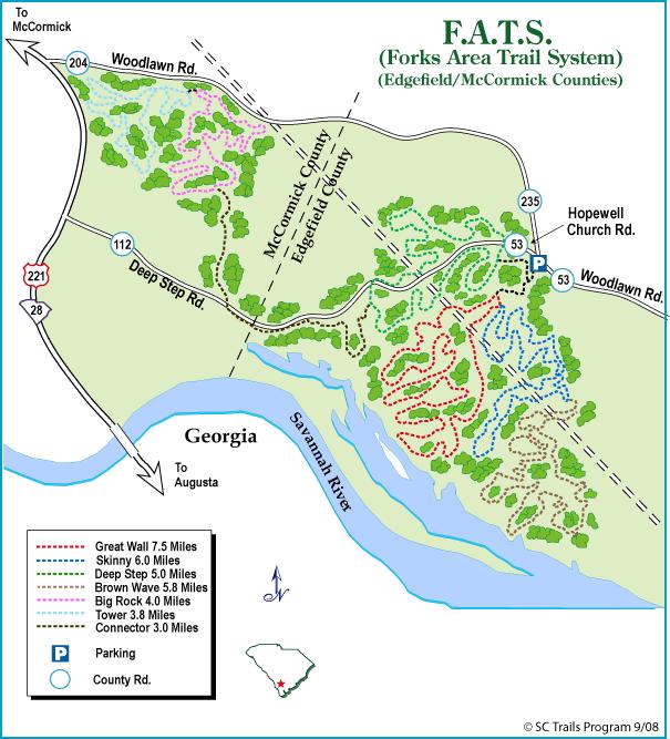Map of the Forks Area Trail System (F.A.T.S.) in Edgefield and McCormick Counties, showing various trails, including distances and trail types, as well as roads and parking areas near the Savannah River. Forks Area Trail System (FATS) mountain bike trail.