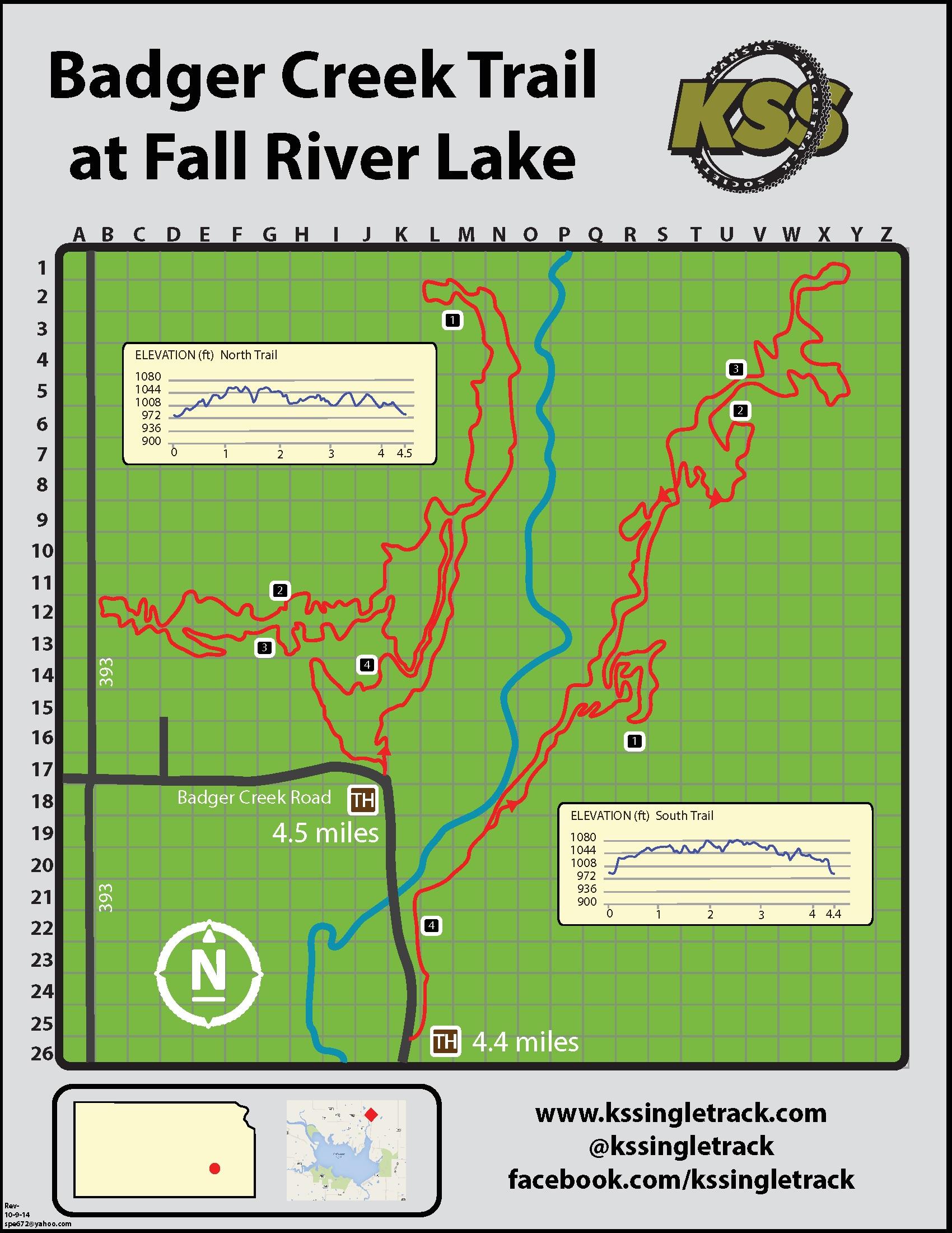 Map of the Badger Creek Trail at Fall River Lake, featuring two main trails: the North Trail (4.5 miles) depicted in red and the South Trail (4.4 miles) shown in blue. Each trail includes accompanying elevation profiles. The map also indicates trailheads and surrounding landmarks, with a compass rose showing orientation and a small inset map of the area. Badger Creek South Trail mountain bike trail.