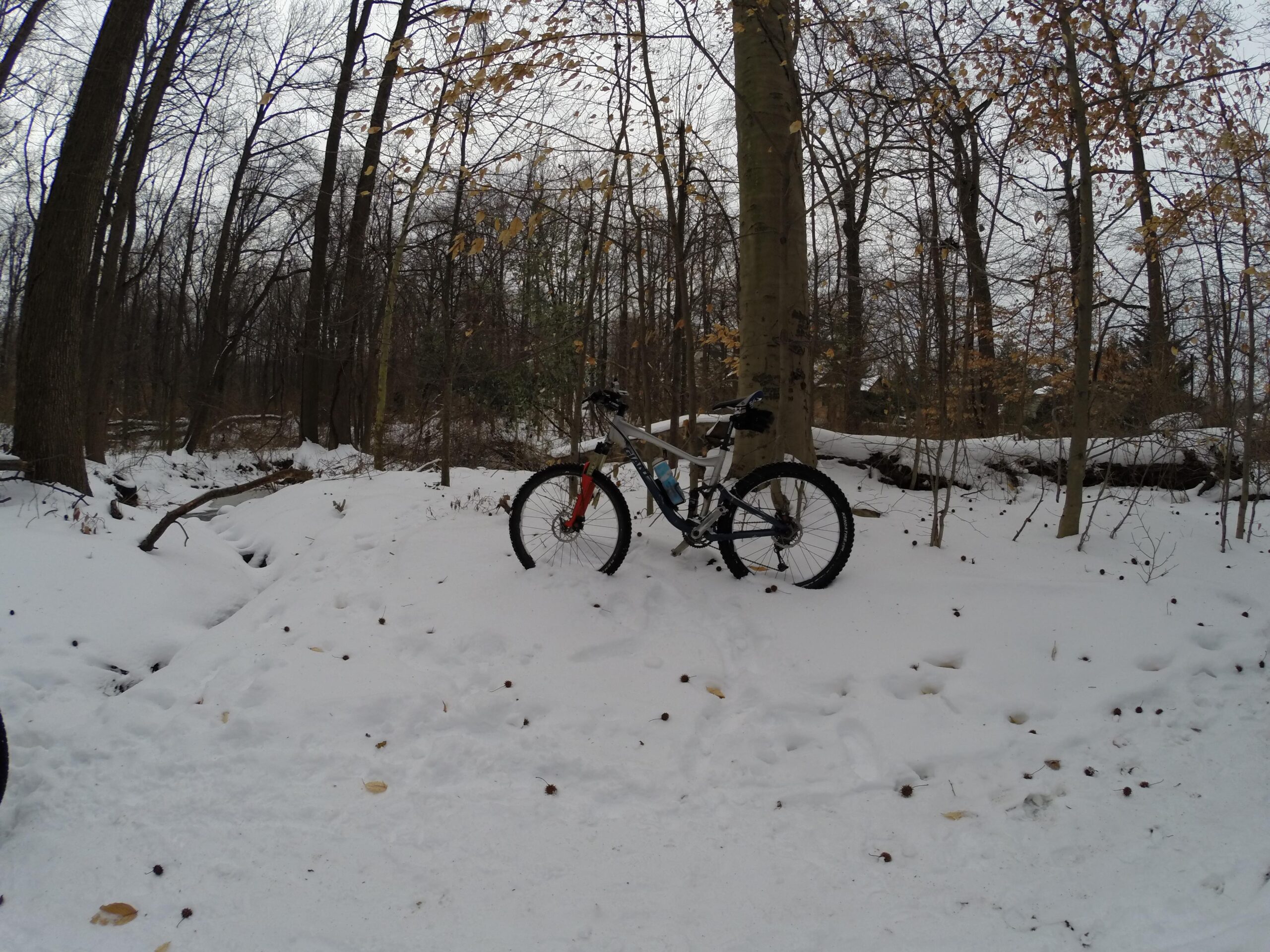 A mountain bike resting on a snowy path in a forest, surrounded by bare trees and patches of fallen leaves. The scene conveys a tranquil winter outdoor setting. Trails seperated by streets mountain bike trail.