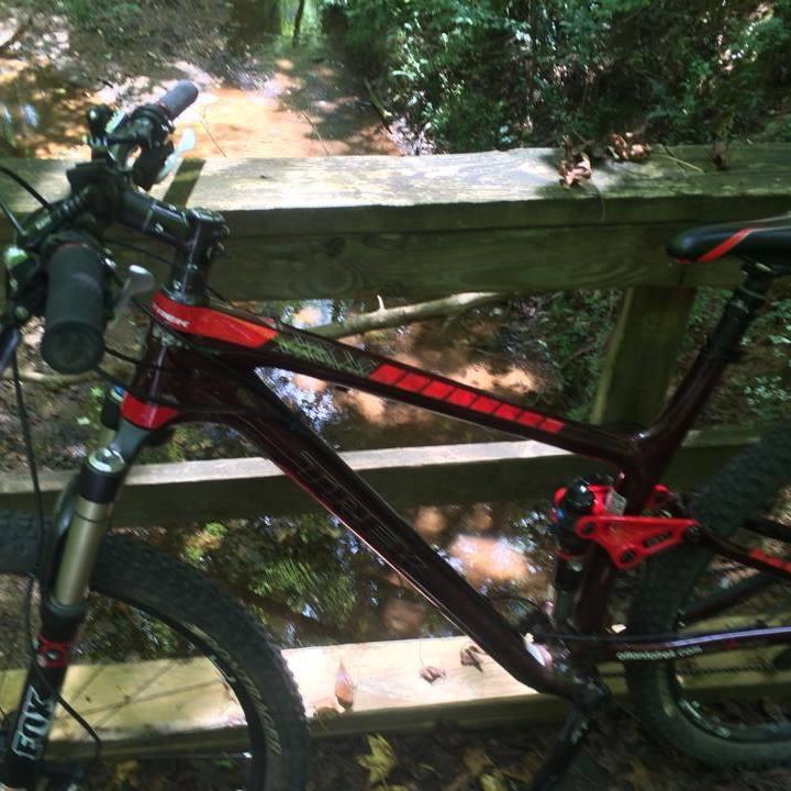 Trek Fuel EX 9.8: Alt tag: "A mountain bike positioned on a wooden bridge over a shallow creek, surrounded by lush greenery."
