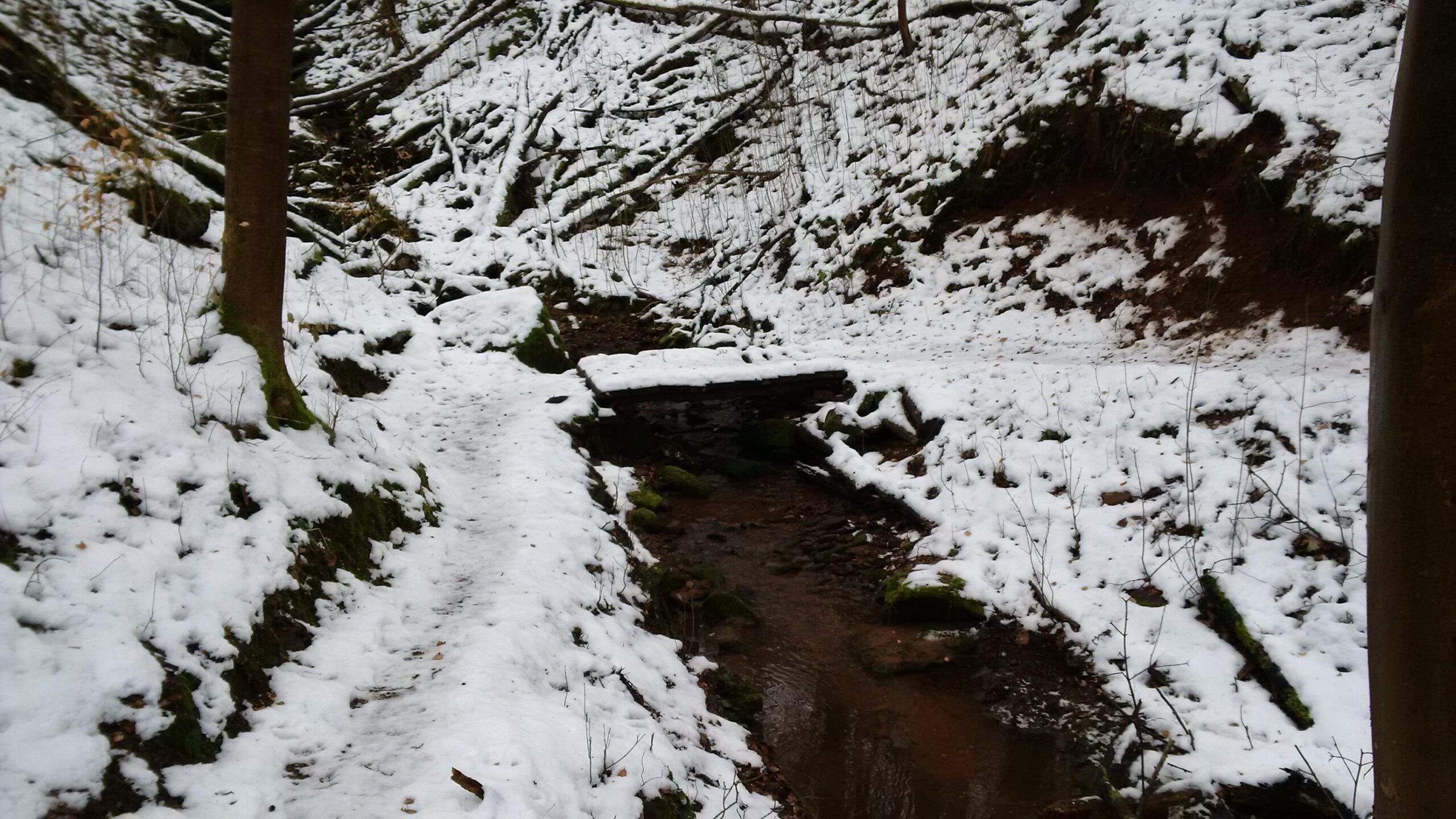 Snow-covered landscape with a narrow path alongside a small stream. A simple stone bridge crosses the stream, surrounded by trees and mossy rocks. The scene evokes a peaceful winter atmosphere in a wooded area. Rodalben F Trail mountain bike trail.