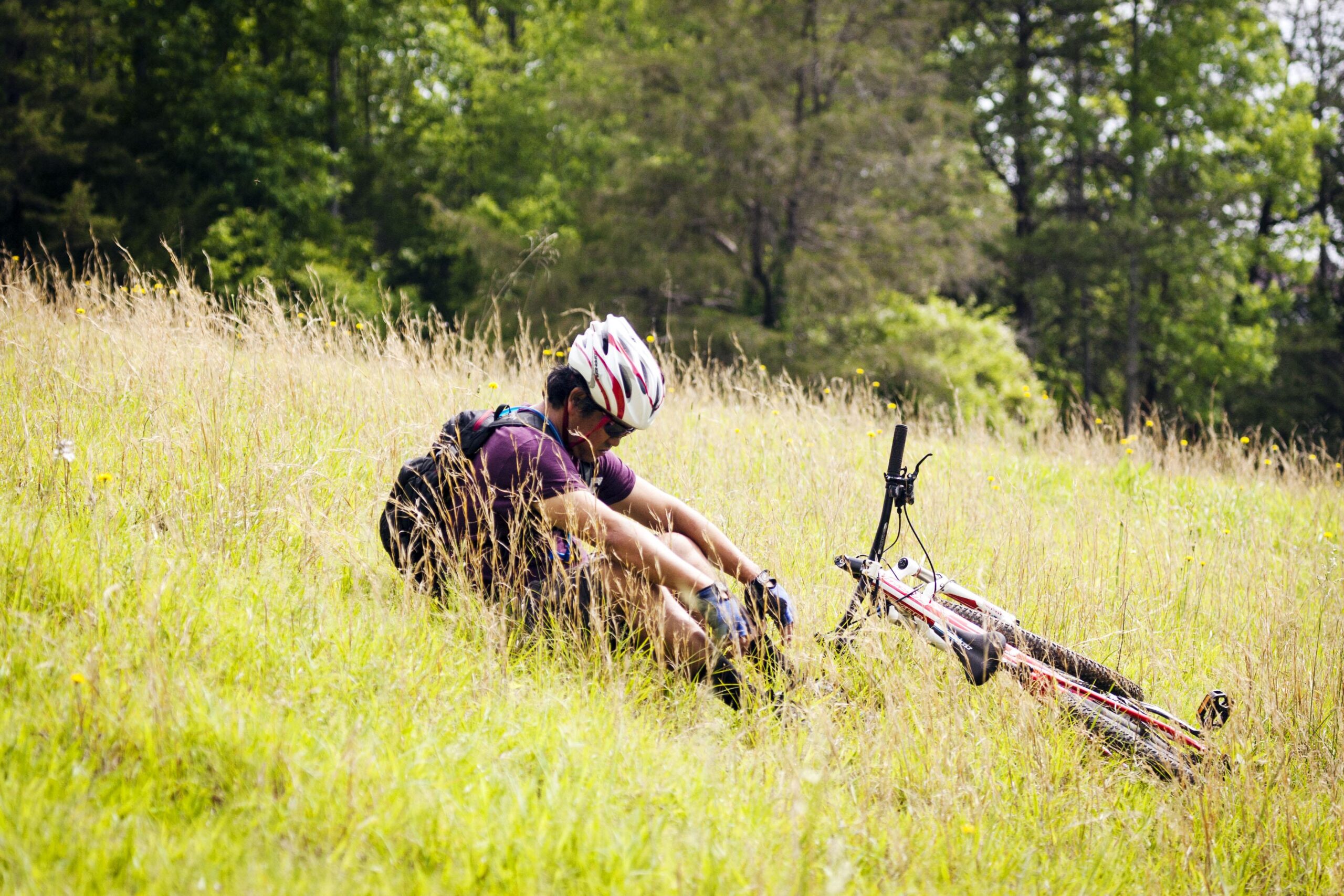 A cyclist sitting on the grass in a field, adjusting their gear while their mountain bike lies on its side nearby. The background features lush greenery and wildflowers under a sunny sky. Warrior Creek mountain bike trail.