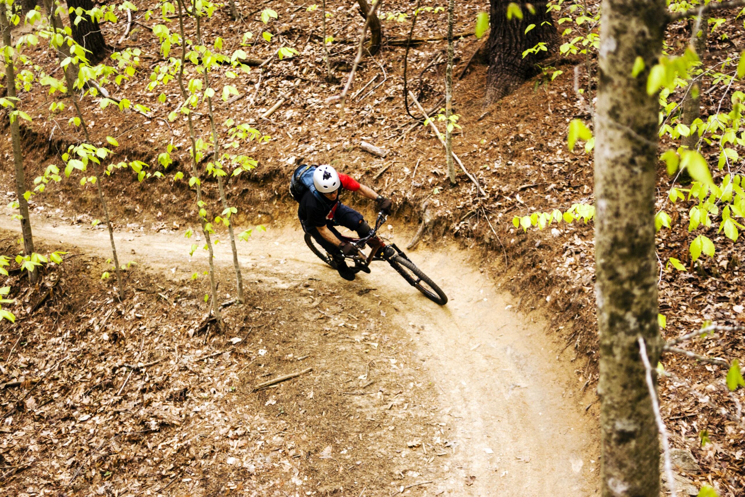 A mountain biker skillfully navigating a curved dirt trail in a wooded area, surrounded by trees with fresh green leaves. Warrior Creek mountain bike trail.