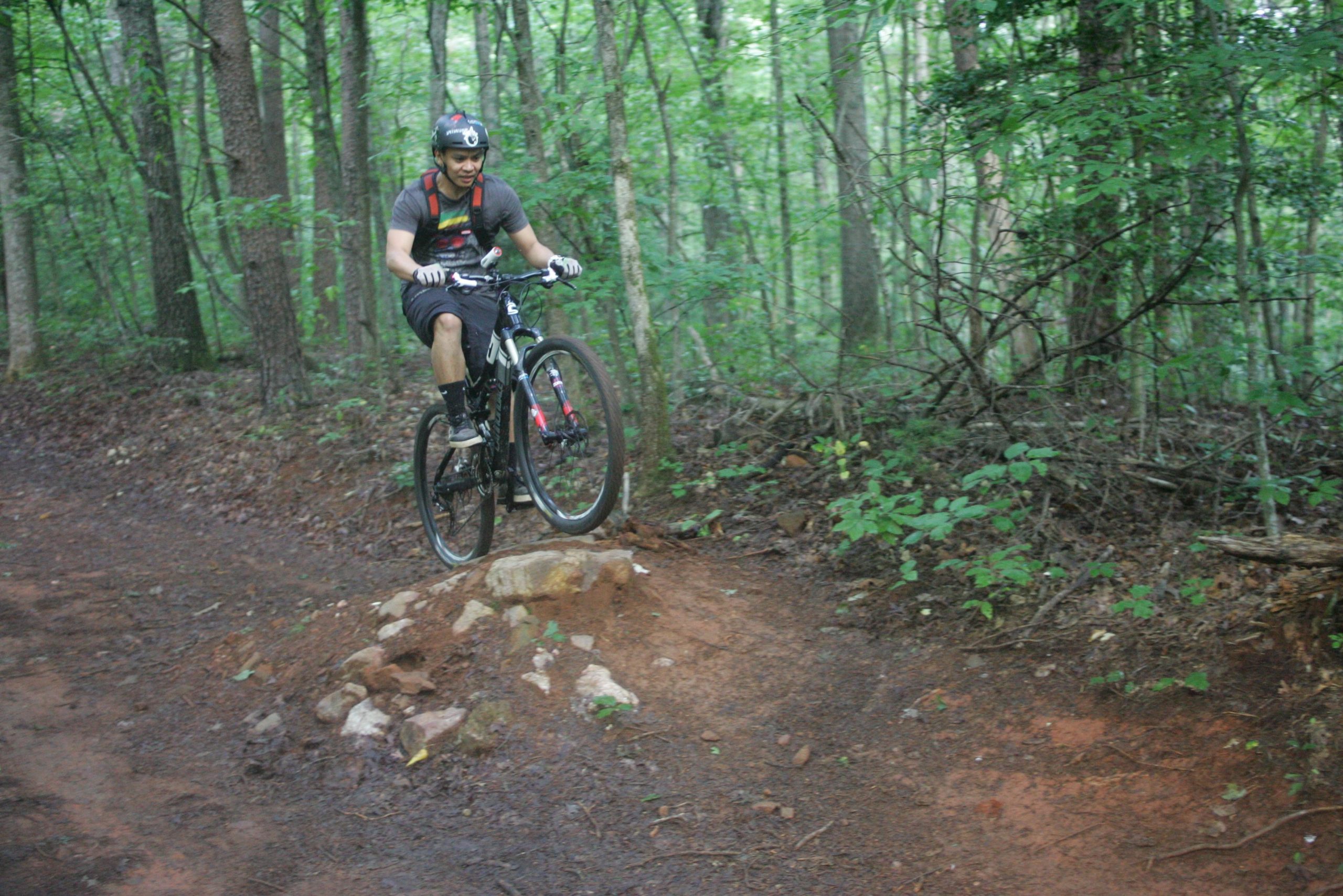 A mountain biker performs a jump over a small rock ramp on a dirt trail surrounded by lush green trees in a forested area. The rider is wearing a helmet and protective gear, showcasing an action shot that captures the thrill of mountain biking. Dark Mountain Trail mountain bike trail.