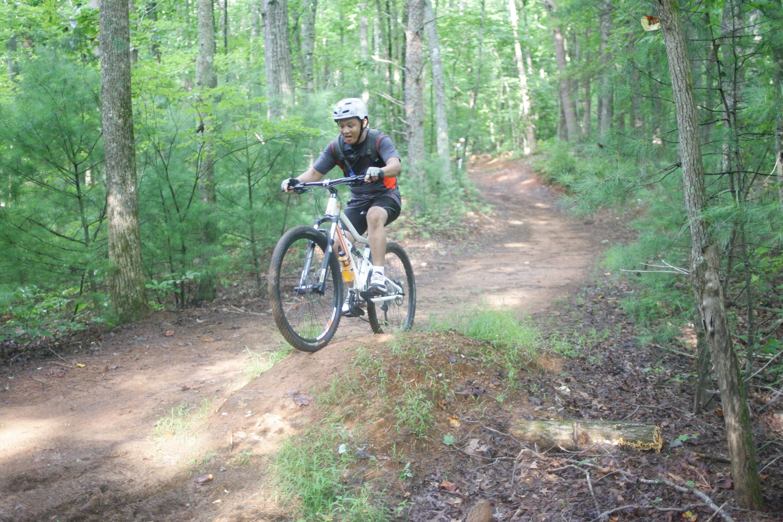 A person riding a mountain bike over a small jump on a dirt trail surrounded by trees in a lush green forest. The rider is wearing a helmet and appears focused as they navigate the trail. Dark Mountain Trail mountain bike trail.
