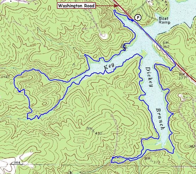Topographic map showing a blue trail outline along the waterways and land features, labeled with "Washington Road" at the top, "Key" near the trail, and "Dickey Branch" along the water. Keg Creek mountain bike trail.