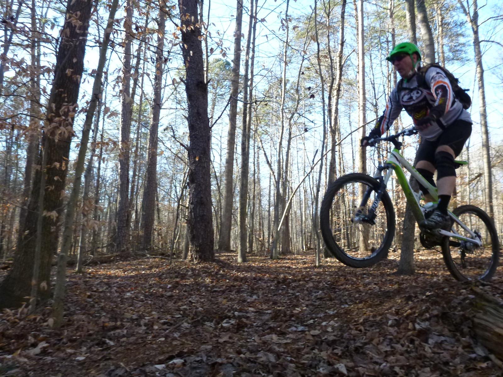 A mountain biker in a green helmet and a long-sleeved jersey jumps over a log on a forest trail, surrounded by tall trees and fallen leaves on the ground. The scene captures the dynamic movement of the rider as he performs the jump in an outdoor setting. Salem Lake mountain bike trail.