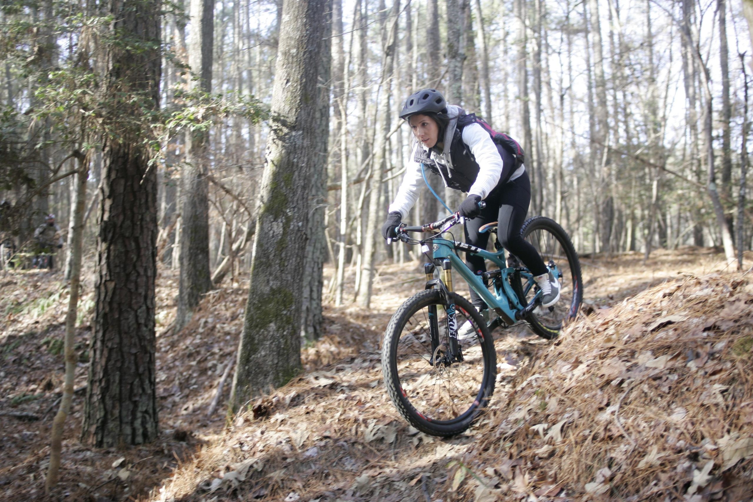 A mountain biker navigates a winding trail in a wooded area, featuring tall trees and a carpet of fallen leaves. The rider wears a helmet and protective gear while leaning forward on a teal mountain bike. Sunlight filters through the trees, creating a dynamic and adventurous atmosphere. Beaver Dam mountain bike trail.