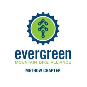Logo of the Evergreen Mountain Bike Alliance Methow Chapter, featuring a blue gear with a green circular center and a design element resembling a tree or bike chain. The text includes "evergreen" in blue and "MOUNTAIN BIKE ALLIANCE" and "METHOW CHAPTER" in green.