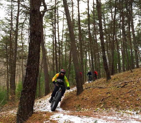 A cyclist in a bright yellow and black outfit navigates a snowy, winding trail through a dense forest of tall pine trees. In the background, two other mountain bikers are seen riding along the same path. The ground is covered with a mix of pine needles, moss, and patches of snow, creating a scenic outdoor atmosphere.