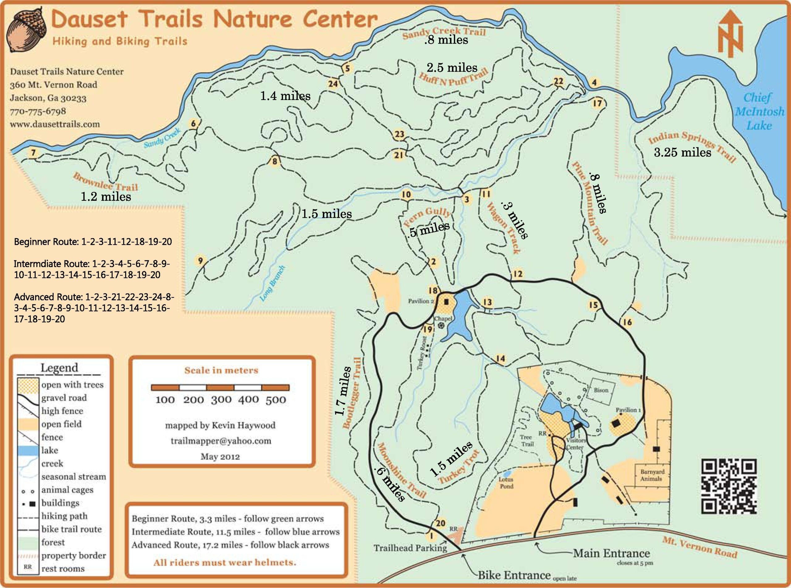 Map of Dauset Trails Nature Center, featuring hiking and biking trails. The map includes various routes with marked distances, a legend indicating trail types and features, and locations of facilities such as parking and pavilions. Notable trails include Sandy Creek Trail, Indian Springs Trail, and several beginner, intermediate, and advanced routes. Scale in meters provided for reference. Dauset Trails Nature Center mountain bike trail.