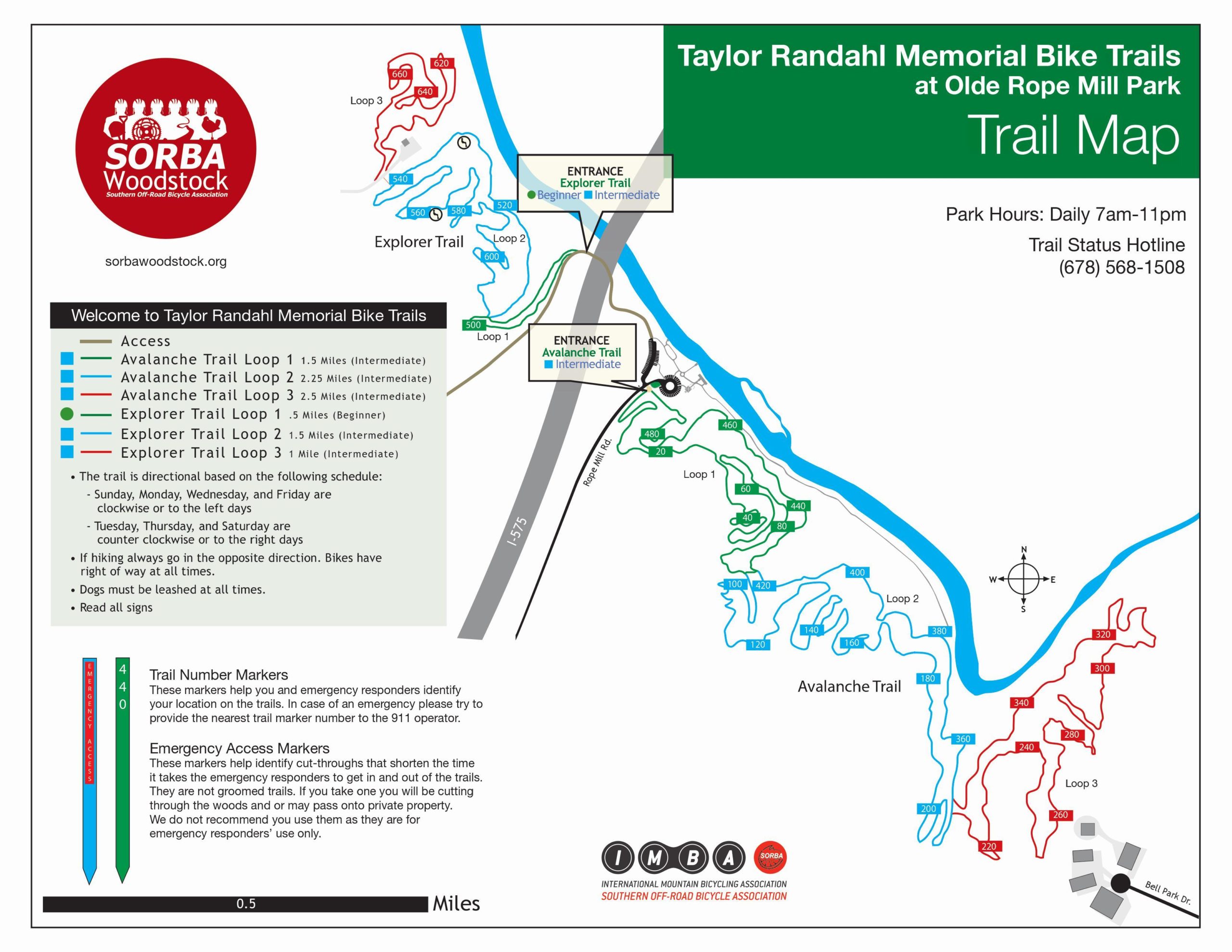 Map of Taylor Randahl Memorial Bike Trails at Olde Rope Mill Park, featuring marked trails including Avalanche and Explorer Trails. The map indicates trail lengths and difficulty levels, along with access points, directional instructions for trail usage, and emergency access markers. Park hours and a trail status hotline are also provided. Taylor Randahl Memorial Mountain Bike Trails At Olde Rope Mill Park mountain bike trail.