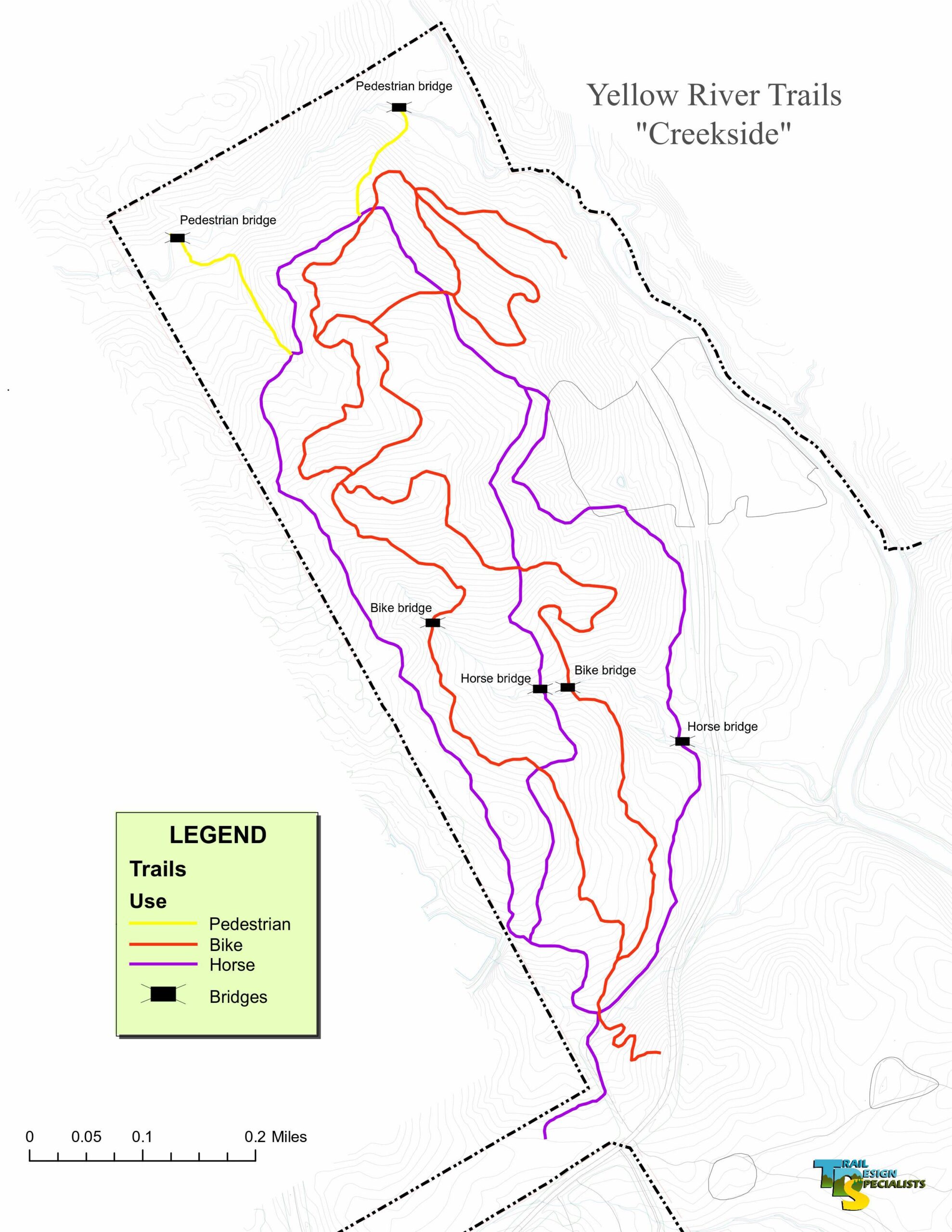 Map of the Yellow River Trails "Creekside" area, showing various trails for pedestrian, bike, and horse use. The map includes color-coded trail lines: yellow for pedestrian, red for bike, and purple for horse trails. It also marks the locations of bridges, including two pedestrian bridges, two bike bridges, and two horse bridges. A dotted boundary outlines the trail area, and a legend indicates trail usage and distance measurements. Yellow River mountain bike trail.