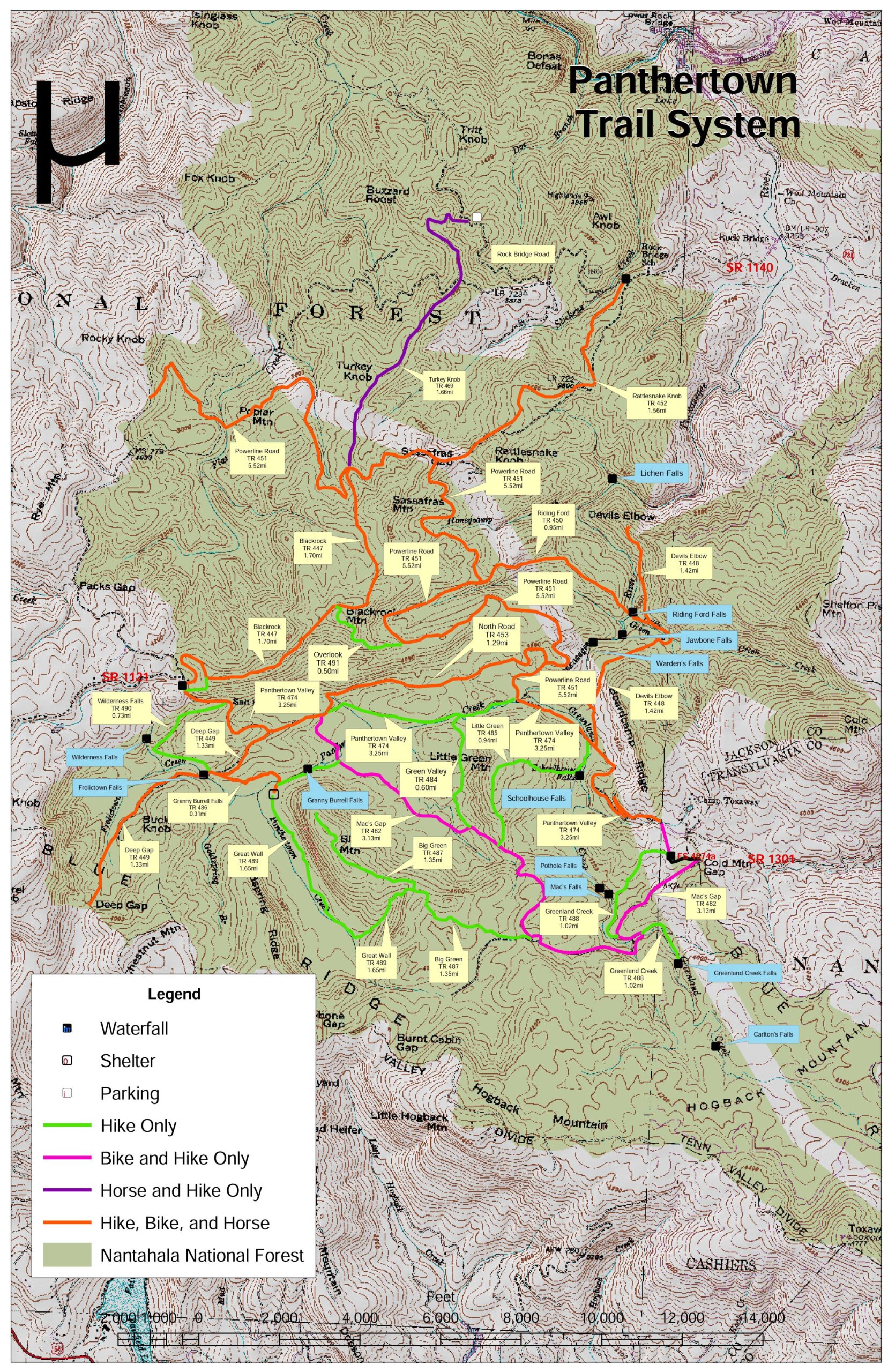 Map of the Panthertown Trail System in Nantahala National Forest, showing various trails for hiking, biking, and horseback riding, along with features such as waterfalls and parking areas. The map includes a legend indicating different trail types and symbols for shelters, parking, and points of interest. Panthertown Valley mountain bike trail.