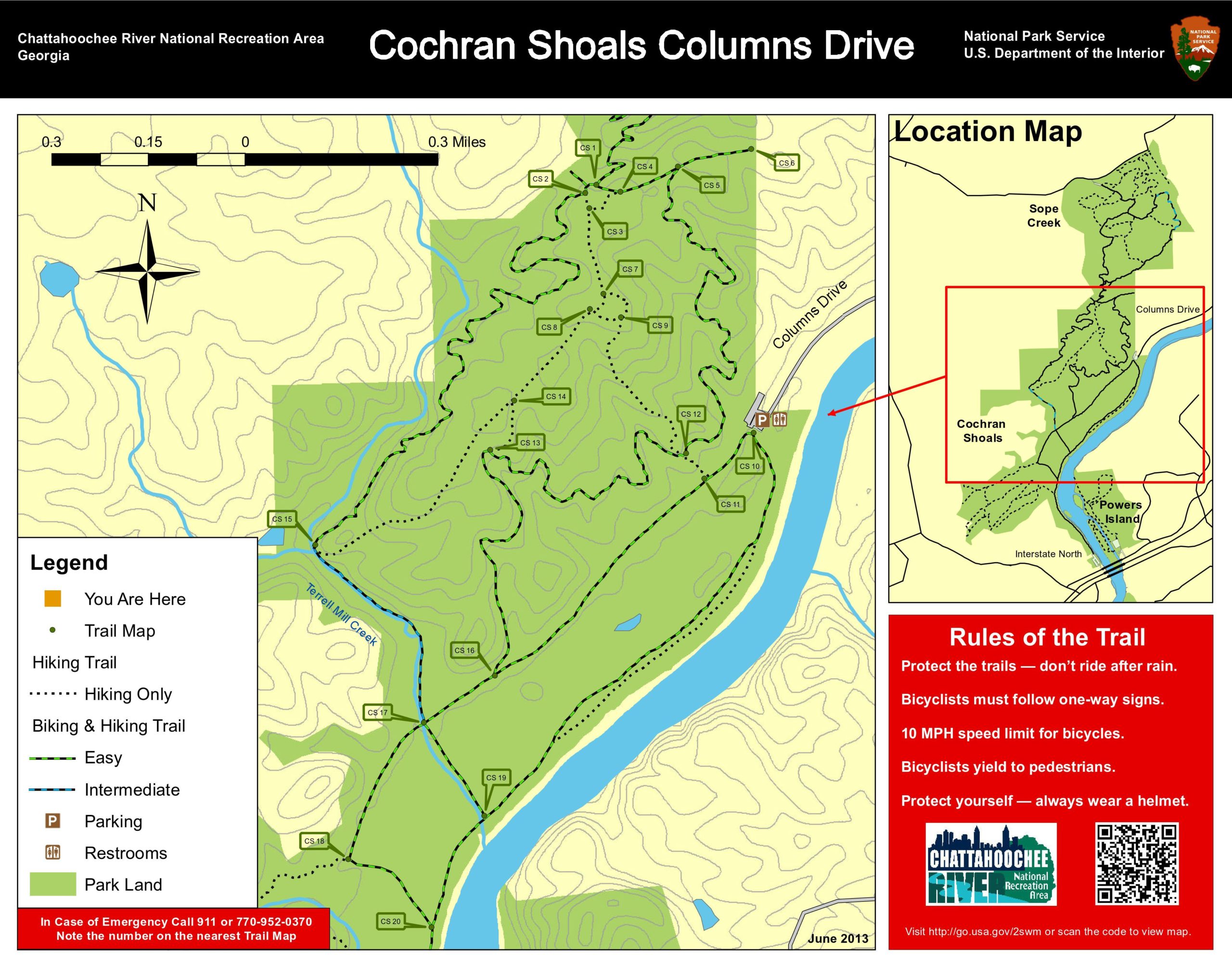 Map of Cochran Shoals Columns Drive in the Chattahoochee River National Recreation Area, Georgia. The map includes marked hiking and biking trails, designated parking areas, restrooms, and a "You Are Here" indicator. A location map is positioned in the top right corner, showing the relation of Cochran Shoals to nearby areas. Instructions and rules for trail use are provided, emphasizing safety for pedestrians and cyclists. Sope Creek mountain bike trail.