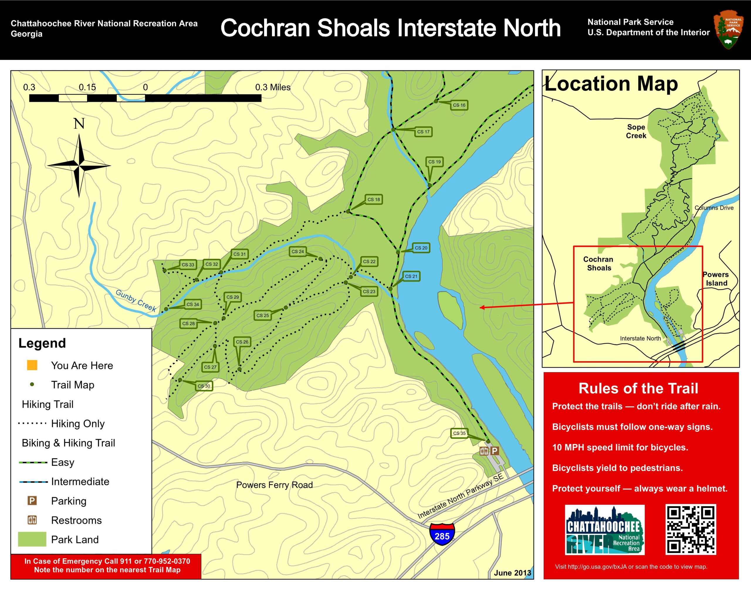 Map of Cochran Shoals in the Chattahoochee River National Recreation Area, Georgia. The map includes trail paths, designated hiking and biking areas, park amenities, and important safety rules for trail users. The legend explains symbols for parking, restrooms, and trail difficulty levels. A location inset highlights the area within a larger context. Sope Creek mountain bike trail.