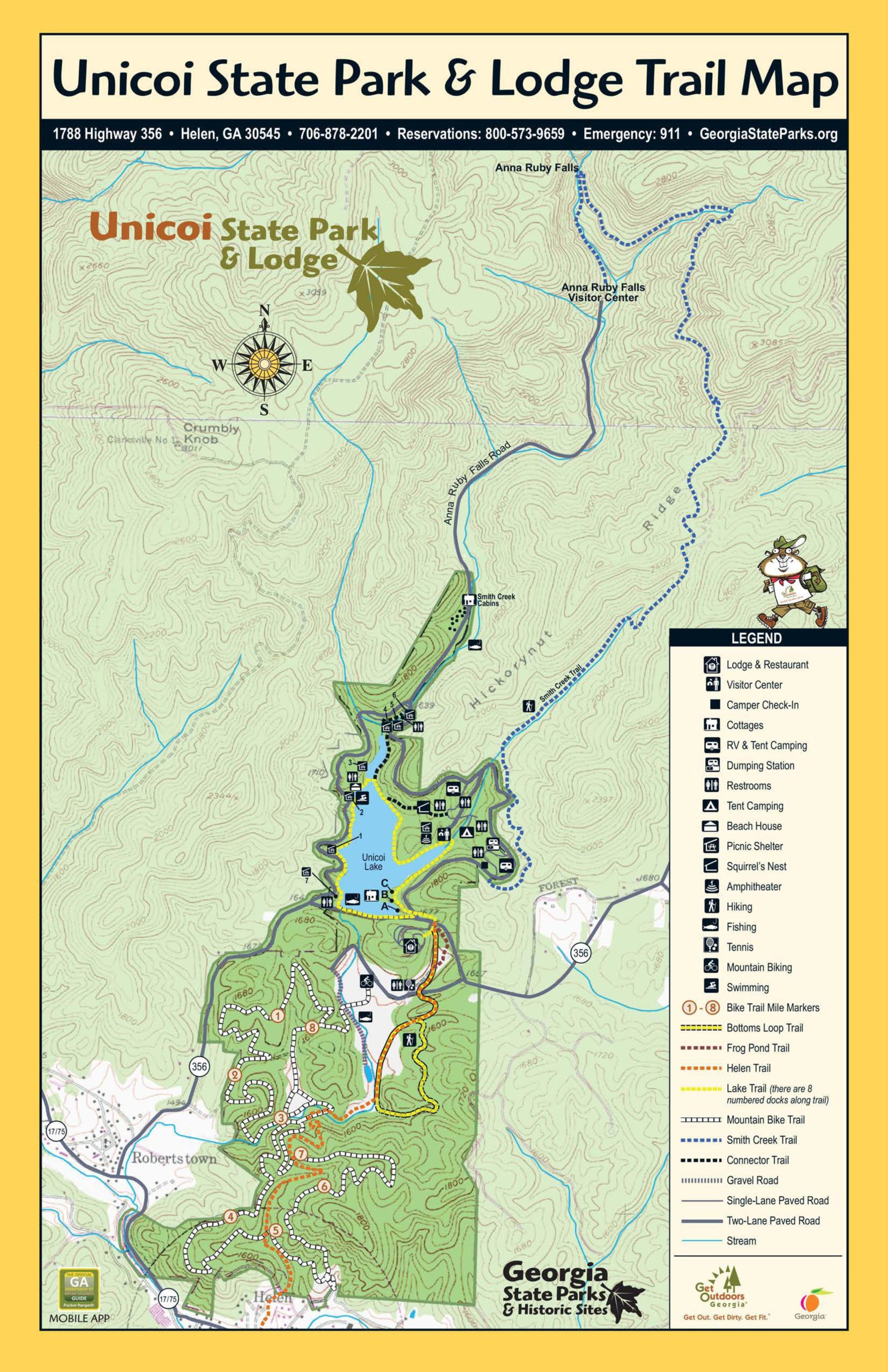 Alt text: "Trail map of Unicoi State Park and Lodge, featuring features such as Unicoi Lake, hiking trails, camping areas, and park amenities, along with a legend indicating various symbols for facilities and trails." Unicoi State Park mountain bike trail.