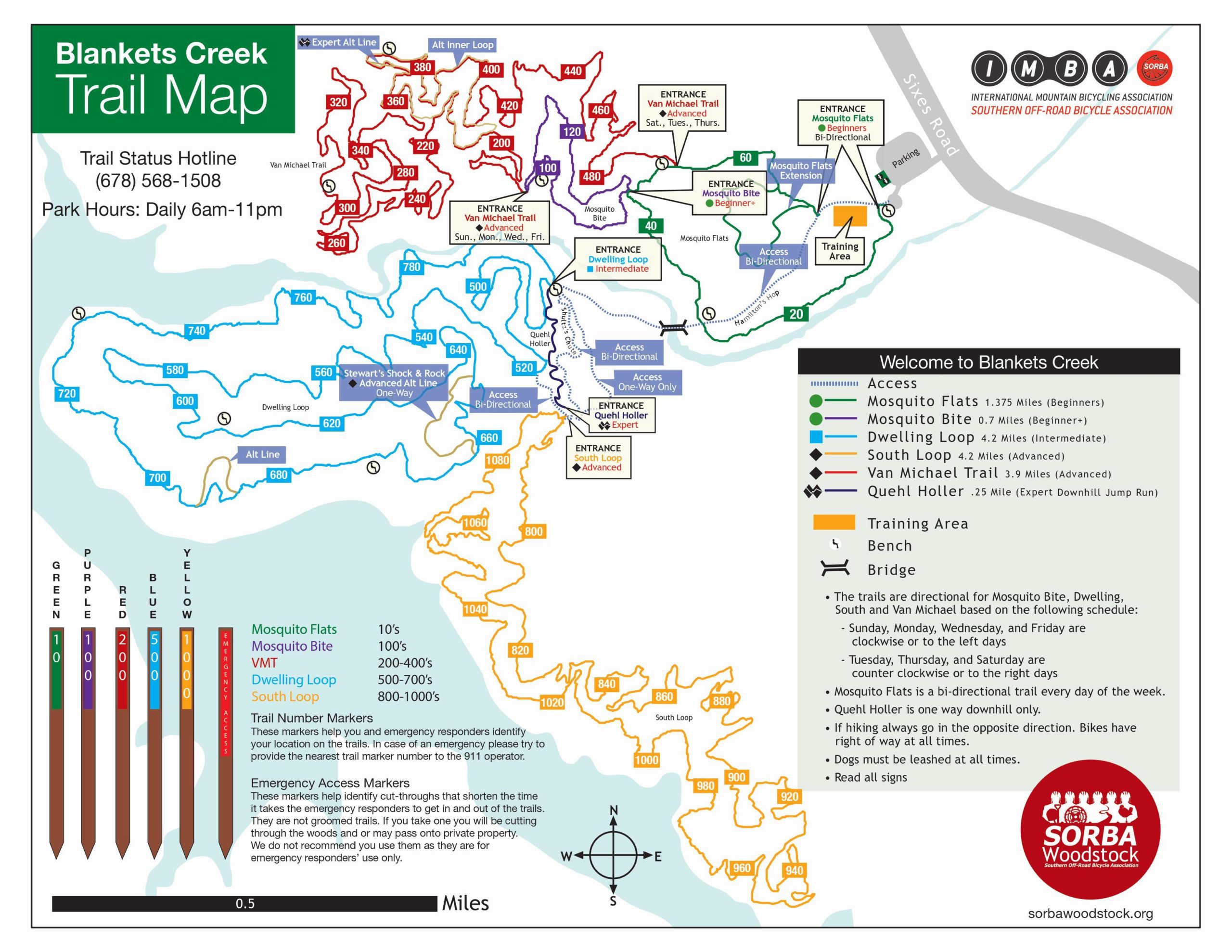 A detailed trail map of Blankets Creek, highlighting various biking routes including Mosquito Flats, Mosquito Bite, Dwelling Loop, South Loop, and Van Michael Trail. The map includes trail difficulty levels, access points, and a legend explaining trail markers. Park hours and a contact number for trail status are also provided. Blankets Creek mountain bike trail.
