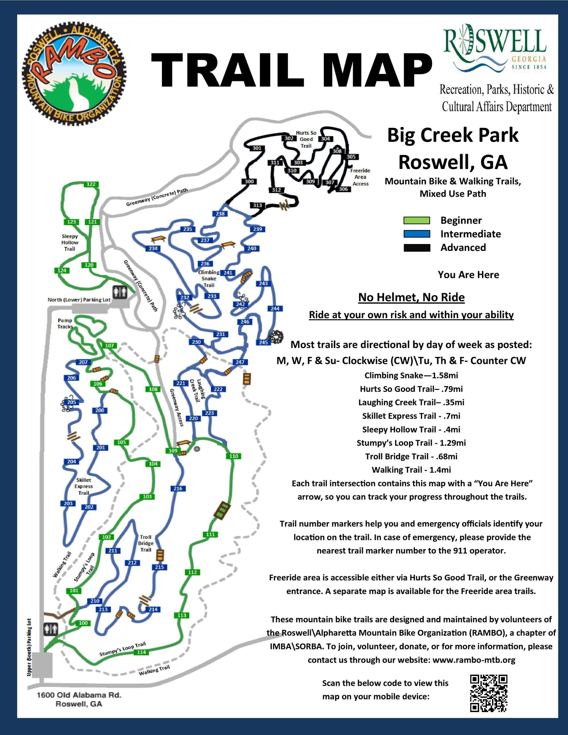 Trail map for Big Creek Park in Roswell, GA, showing various mountain biking and walking trails. The map indicates trail difficulty levels—beginner, intermediate, and advanced—along with key features such as parking areas, the greenway, and a freeride area. Directions for trail use are provided, including precautions and guidelines for safety. The map includes a “You Are Here” indicator for navigation. Big Creek mountain bike trail.