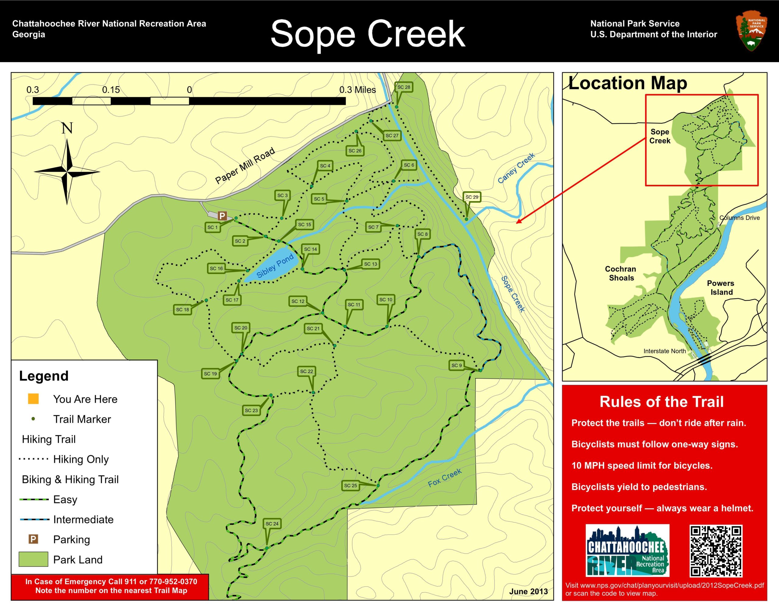 Map of Sope Creek in the Chattahoochee River National Recreation Area, Georgia. The map features trails for hiking and biking, with designated easy and intermediate routes, along with key points such as Sibley Pond and parking locations. It includes a location map, trail markers, and important rules for trail use. The scale and compass orientation are also provided. Sope Creek mountain bike trail.