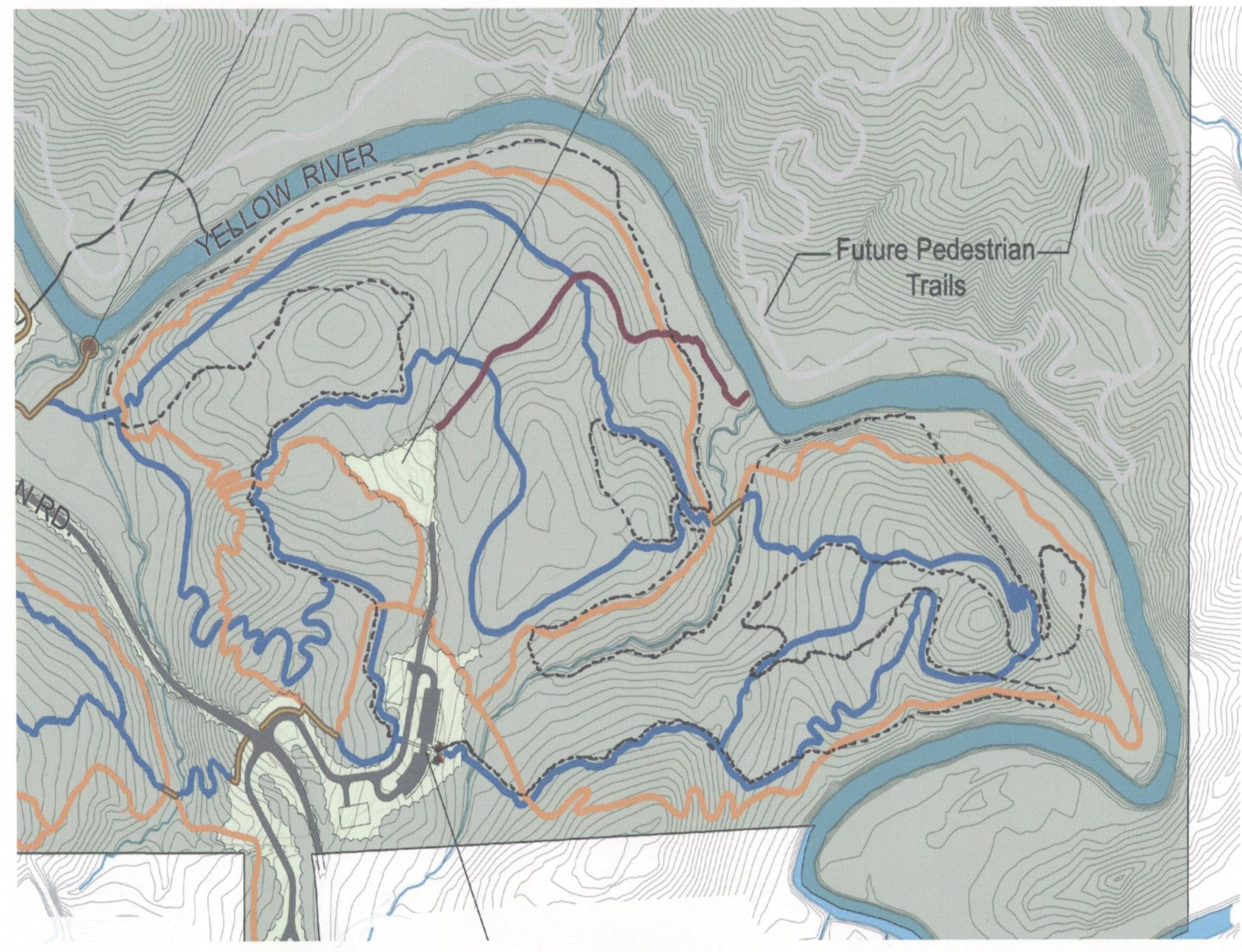 Map showing the topography and planned routes for future pedestrian trails along the Yellow River. The map features contour lines, with various colored lines indicating the proposed trails, including orange and blue paths. Yellow River mountain bike trail.