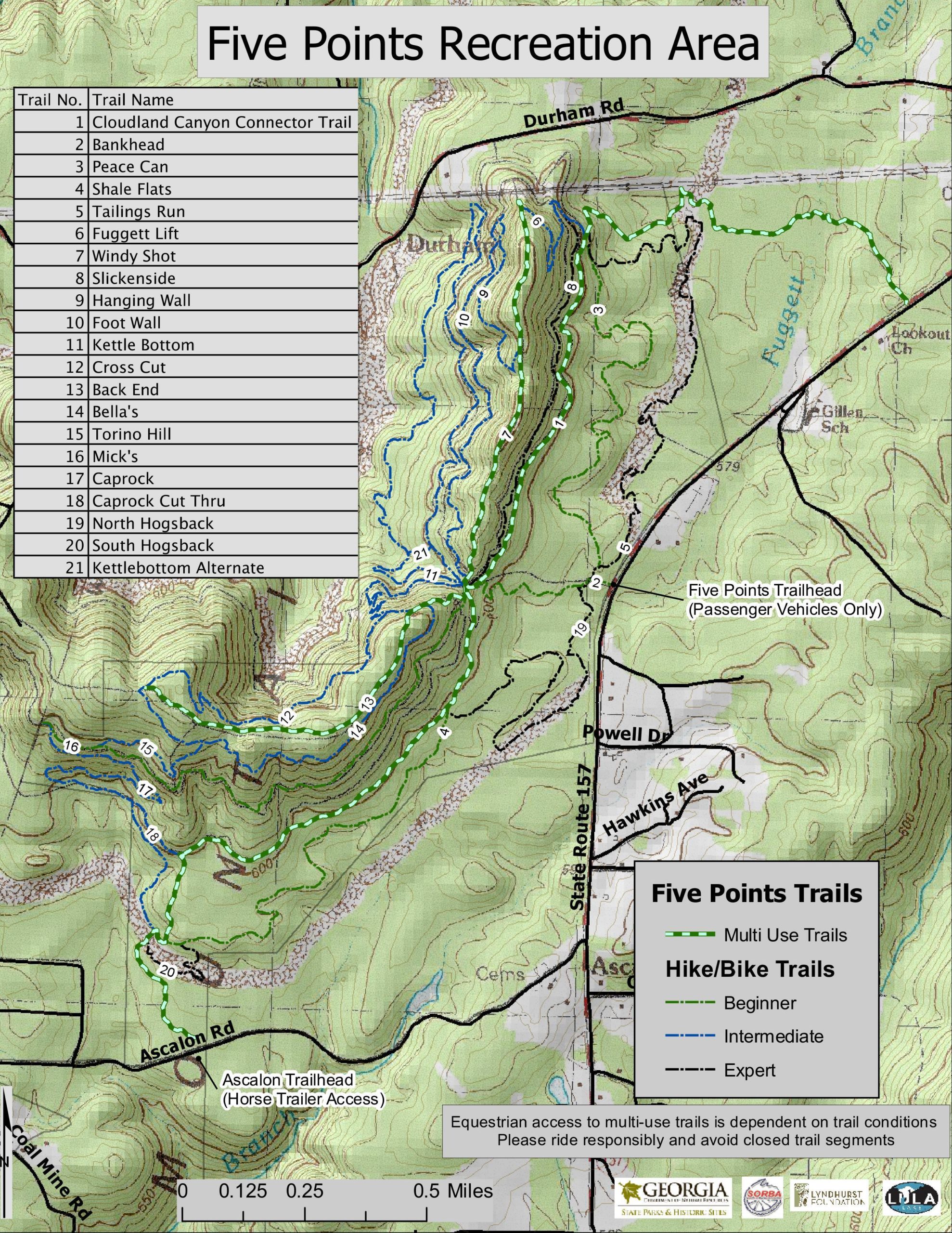 Map of the Five Points Recreation Area, featuring trails for hiking and biking. It includes a list of trails with their names and difficulty levels, marked with different colors to indicate multi-use, beginner, intermediate, and expert trails. Key landmarks and roads are shown, along with trailheads for horse trailers and passenger vehicles. Five Points mountain bike trail.