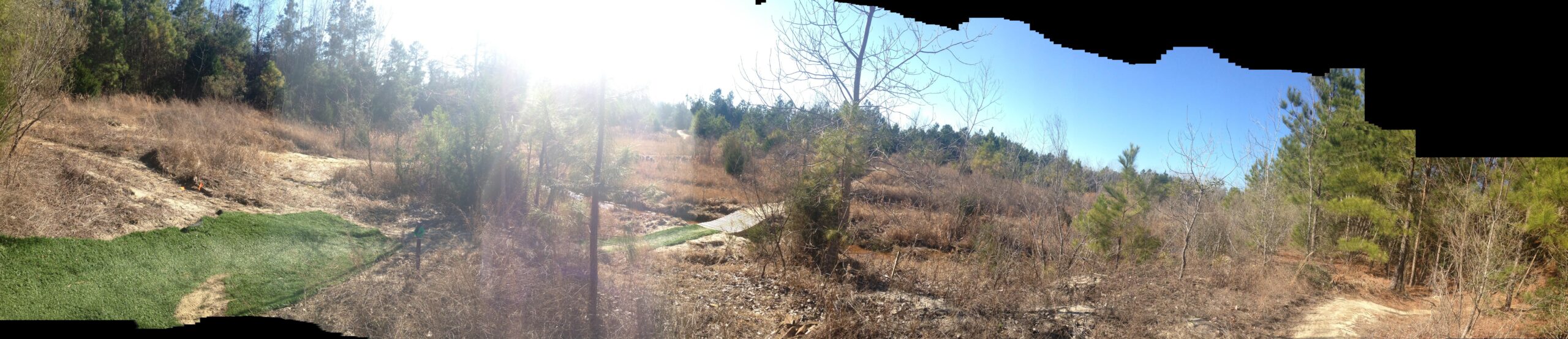 A panoramic view of a sunlit, natural landscape featuring a mix of dry grasses and sparse trees. In the foreground, there is a patch of green grass and a winding path leading into the wooded area. The background shows more greenery and a clear blue sky. Horry County Bike Run Park mountain bike trail.
