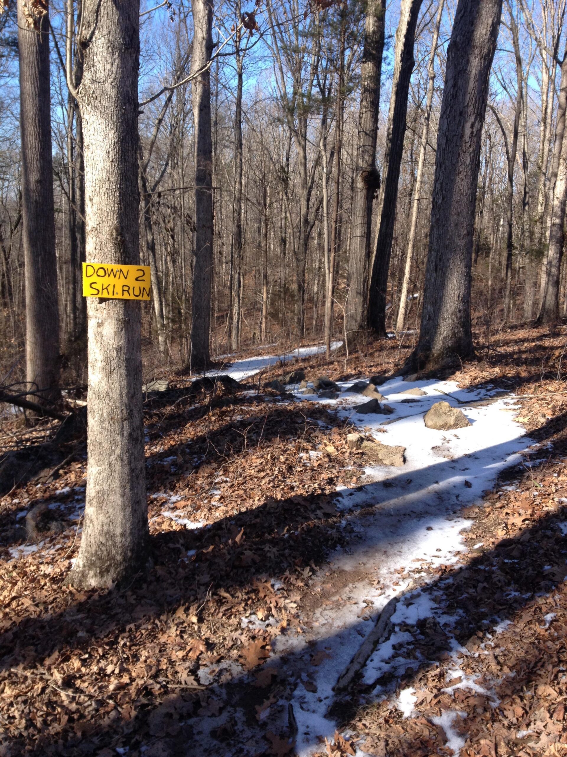 A wooded trail with a sign on a tree that reads "DOWN 2 SKI RUN." The ground is covered with fallen leaves and patches of snow, with scattered rocks visible along the path. The trees are bare, indicating a winter setting. Rocky River Trail mountain bike trail.