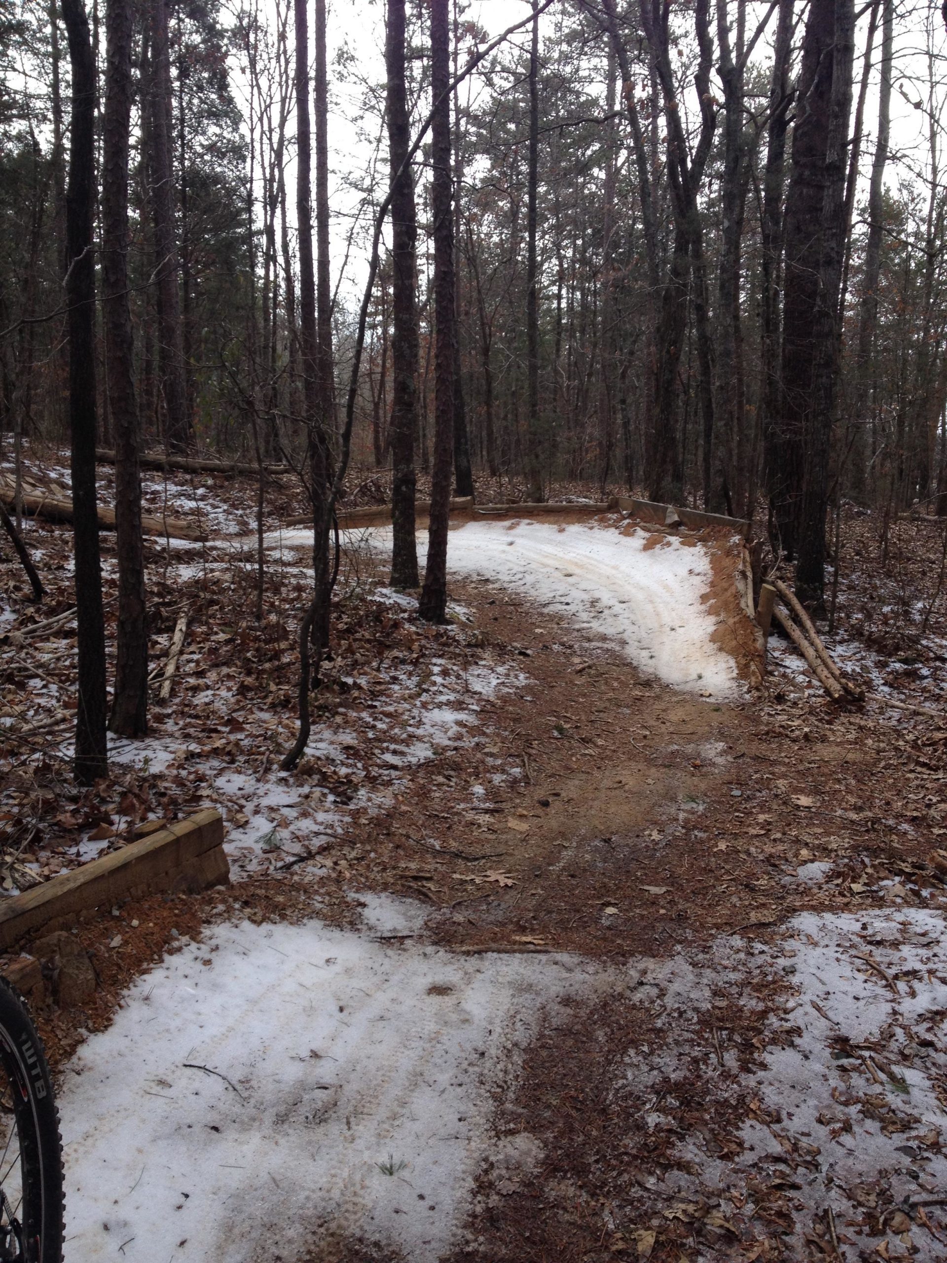 A winding dirt trail through a forest, with patches of snow and ice on the ground, surrounded by tall trees and scattered leaves. The trail curves to the right, leading deeper into the woods. Colonel Francis Beatty Park mountain bike trail.