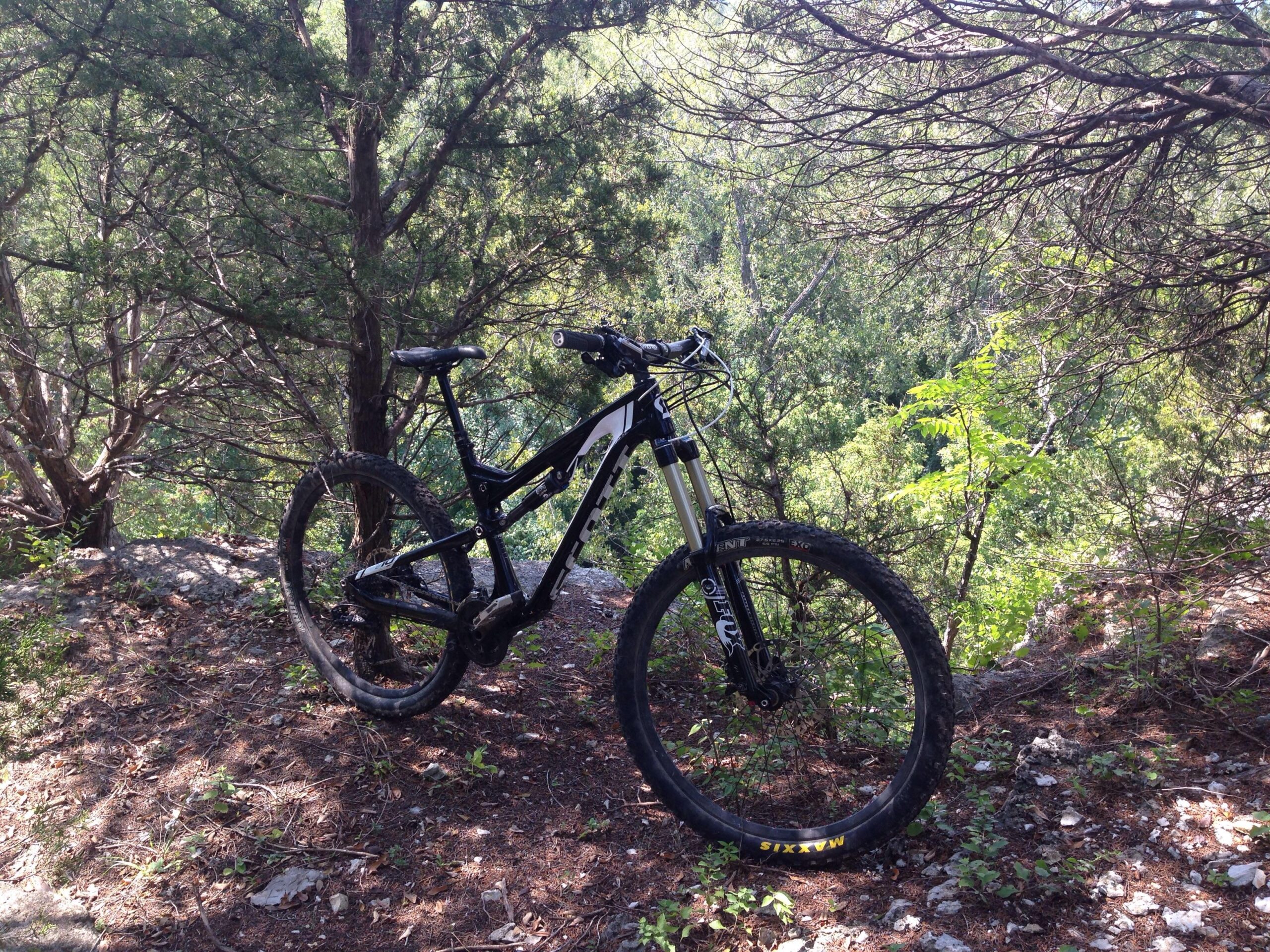 Scott Scott genius lt 710: A mountain bike resting on rocky ground surrounded by trees and greenery, with a scenic view of a forested area in the background.