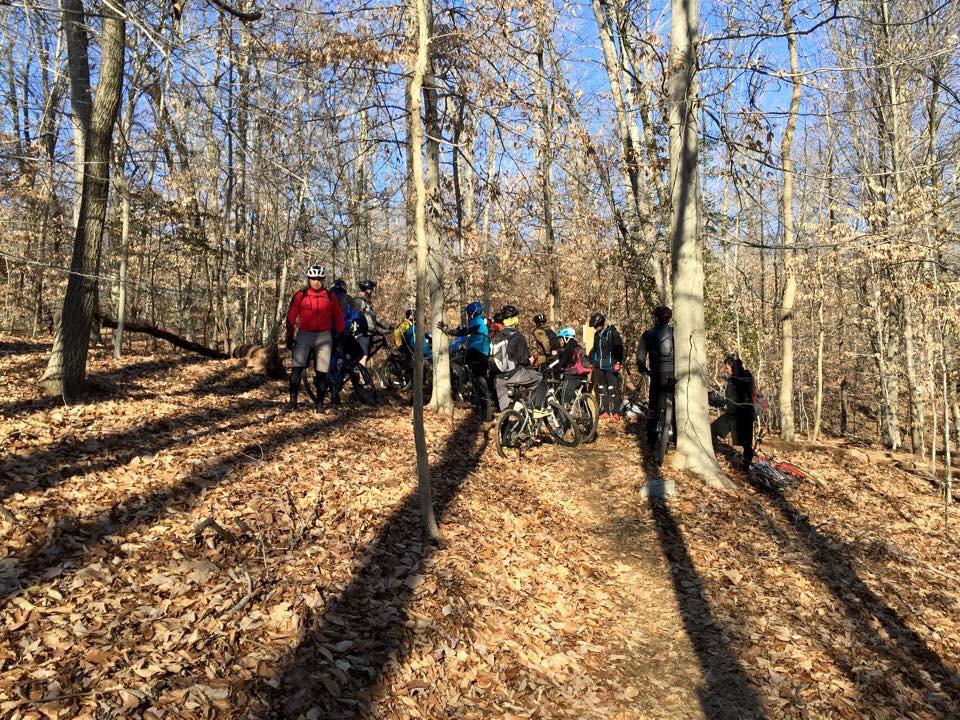 A gathering of mountain bikers in a forested area, surrounded by bare trees and fallen leaves. The group is paused near a trail, with several bicycles parked nearby. The scene is set under a clear blue sky, indicating a sunny day. Meadowood mountain bike trail.