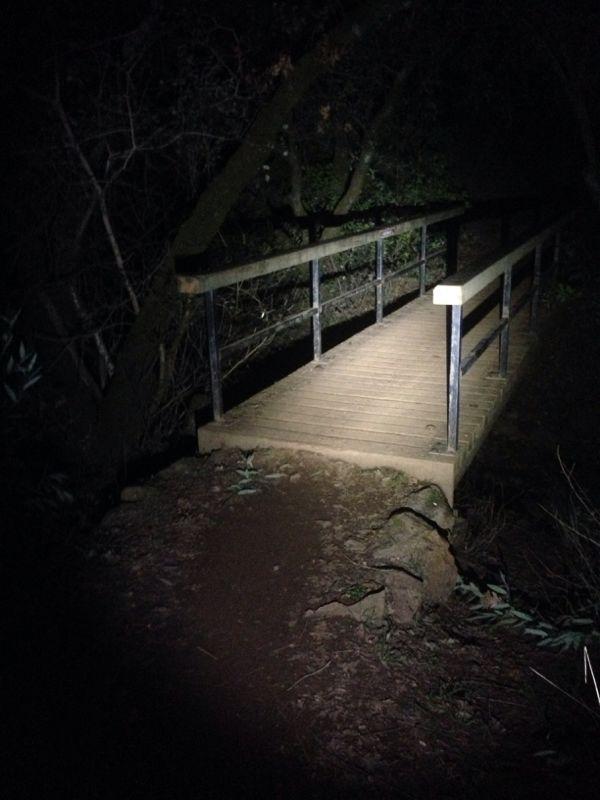 A dimly lit wooden bridge crossing a small path in a wooded area at night, with faint illumination highlighting the structure and surrounding trees. The ground near the bridge is uneven and natural, with some rocks and greenery visible. Clementine / Forresthill Connector Trail mountain bike trail.