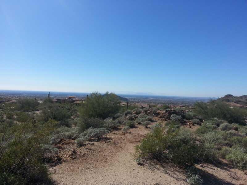 A panoramic view of a desert landscape under a clear blue sky, featuring a winding dirt path leading through sparse vegetation, including low shrubs and cacti, with distant mountains and a cityscape visible in the background. Hawes Loop mountain bike trail.
