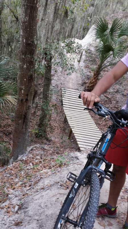 A cyclist stands next to a mountain bike on a wooded trail. In the background, a narrow wooden bridge crosses over a path surrounded by trees and palm plants. The rider is wearing a light pink shirt and red shorts, holding the handlebars of the bike as they prepare to continue their ride. Alafia River State Park mountain bike trail.