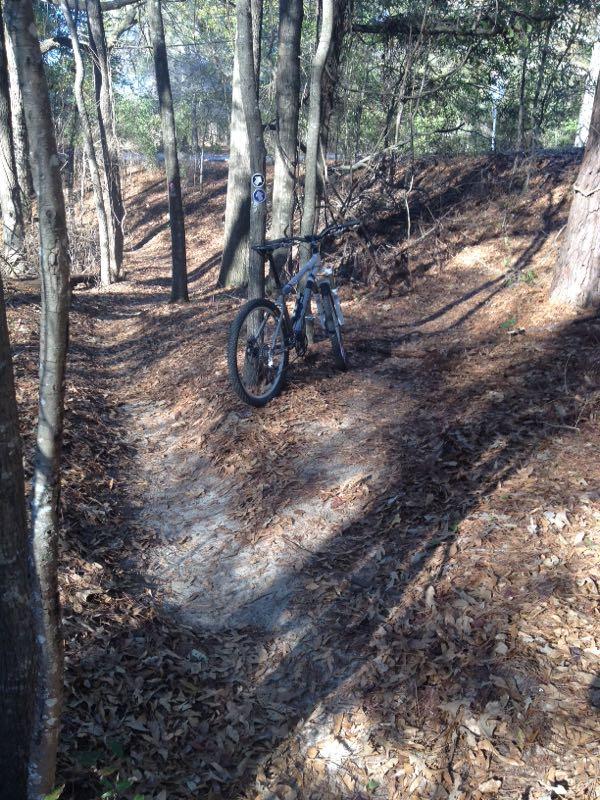 A mountain bike parked on a dirt trail surrounded by trees, with fallen leaves covering the ground. Trail markers are visible in the background.  Fort Benning MTB Trail mountain bike trail.
