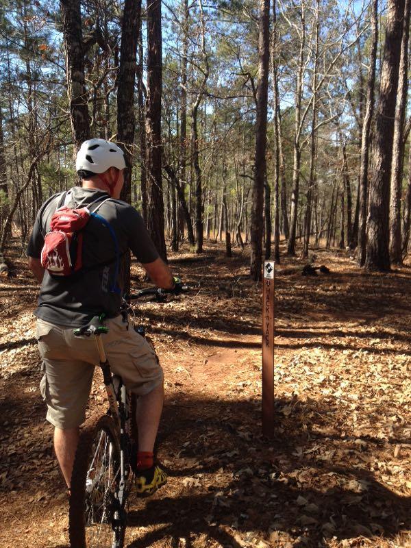A person on a mountain bike is stopped in a wooded area, looking at a trail marker sign labeled "Jack's". Tall trees surround the scene, and the ground is covered with fallen leaves. The individual is wearing a white helmet and a red backpack, dressed in casual biking attire. Lakeside Trail mountain bike trail.