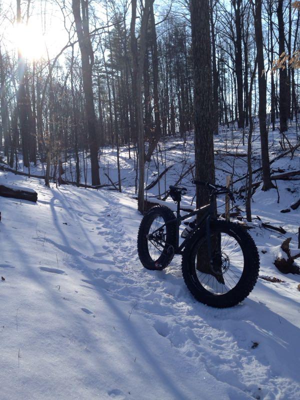 A fat bike leaning against a tree on a snow-covered trail in a winter forest, with sunlight streaming through the trees. Muddy Branch Greenway Trail mountain bike trail.
