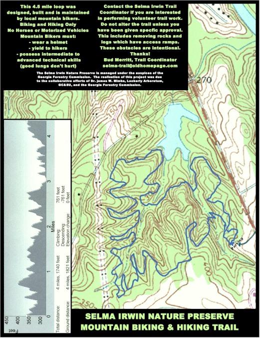 Alt text: A detailed map of the Selma Irwin Nature Preserve, showcasing a 4.5-mile mountain biking and hiking trail. The map includes elevation changes, terrain contours, and guidelines indicating that only biking and hiking are allowed, with specifications for mountain bikers regarding safety and skill levels. Selma Erwin Nature Trail mountain bike trail.