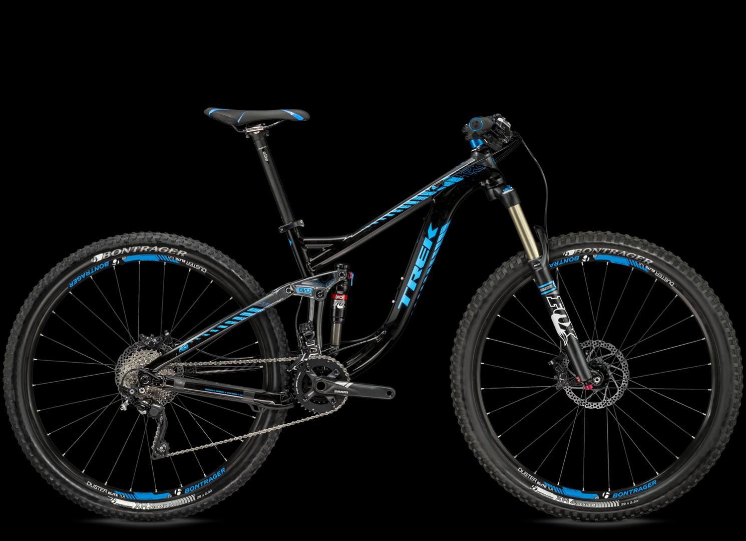 Trek Remedy 8 29: Image of a Trek mountain bike featuring a black frame with blue accents. The bike has a full suspension design, equipped with front and rear suspensions, and is fitted with Bontrager tires. The composition highlights the bike from a side view against a black background.