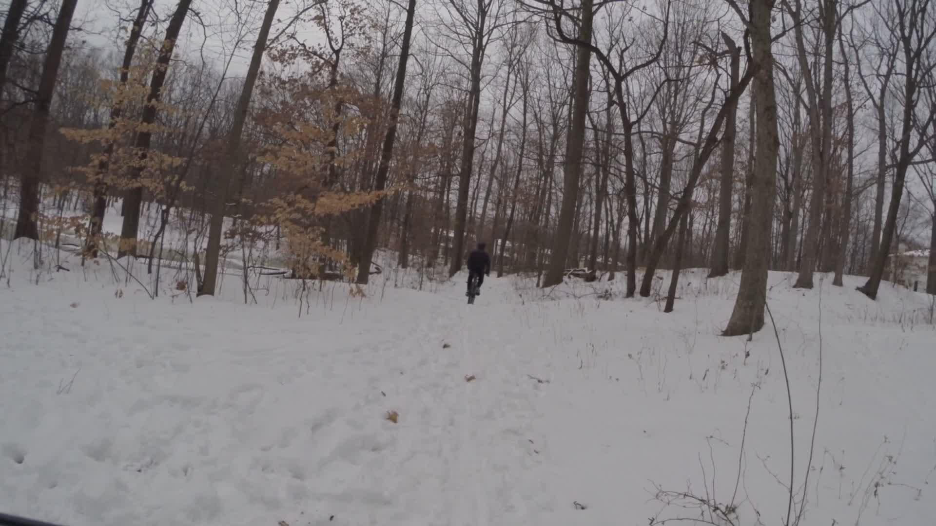 A person riding a bicycle on a snowy trail through a wooded area, surrounded by leafless trees and a soft layer of fresh snow. The scene is overcast, creating a serene winter landscape. Trails seperated by streets mountain bike trail.