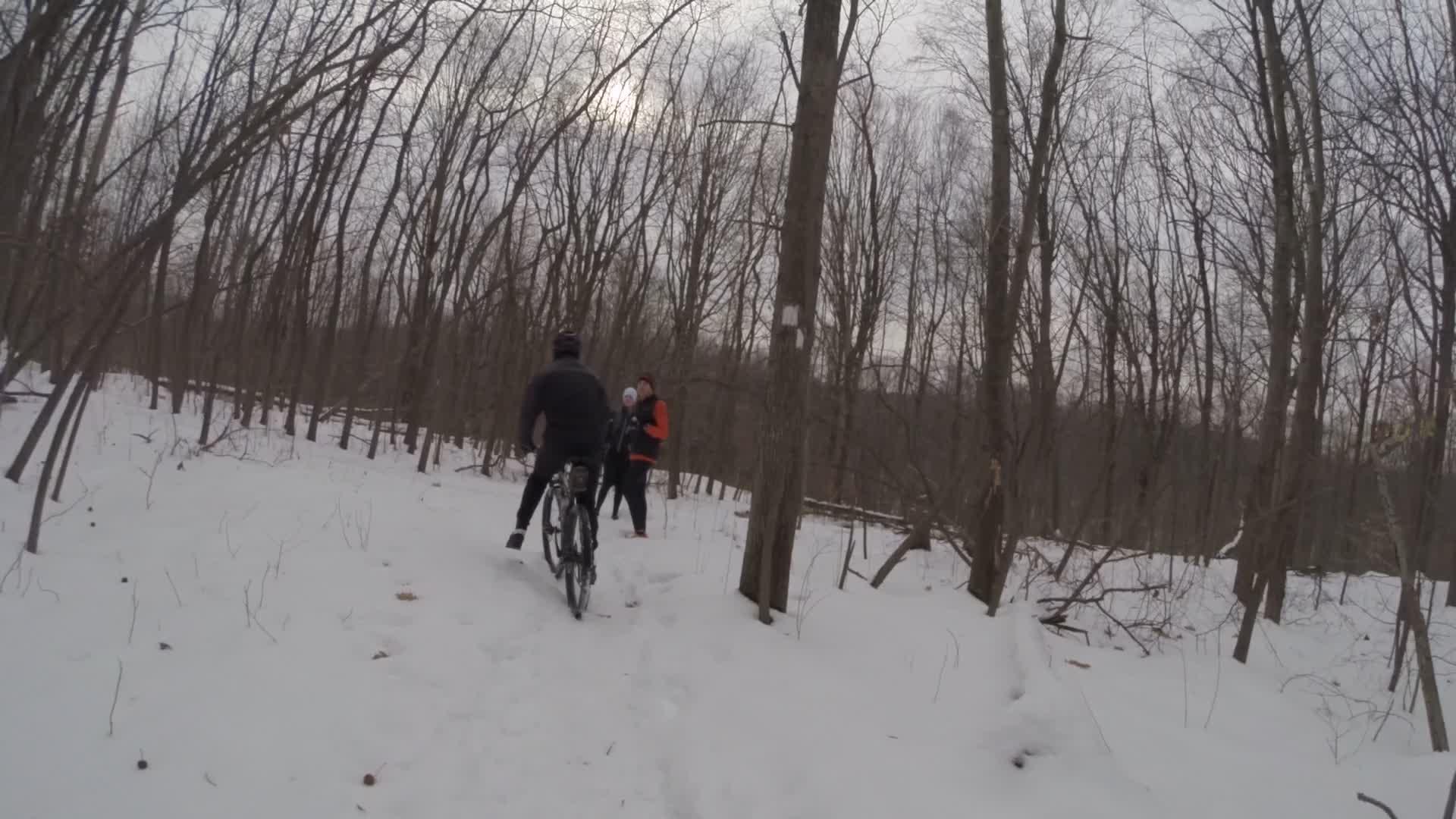 Two people are standing in a snowy forest while a cyclist rides on a narrow trail. The trees are bare, indicating winter, and the sky is overcast. One individual is dressed in an orange jacket, and the other is wearing dark clothing, both engaged in conversation as the cyclist approaches. Richmond Avenue and Forest Hill road mountain bike trail.