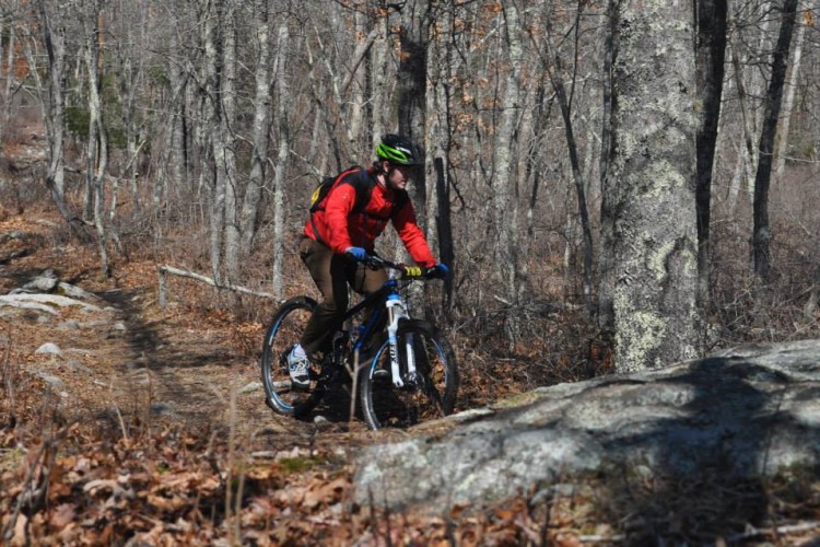 A mountain biker wearing a red jacket and a green helmet navigates a rocky trail through a wooded area with bare trees and fallen leaves.