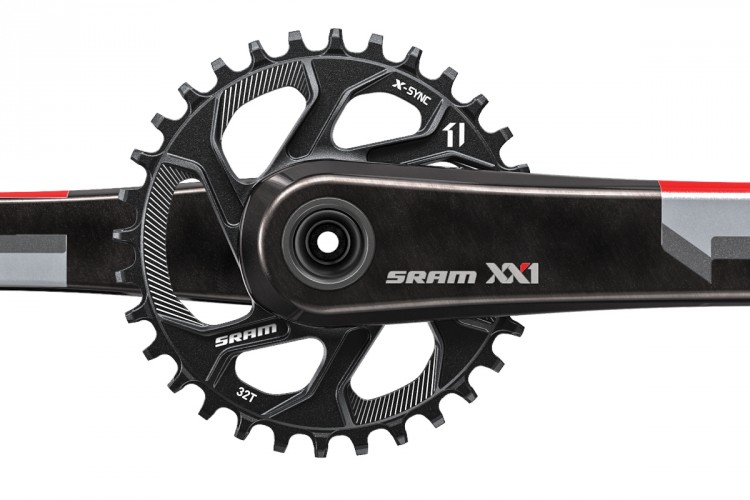 Alt text: "SRAM XX1 bicycle crankset featuring a black design with red and gray accents, and a 32-tooth chainring."