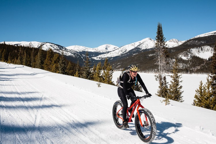 A person riding a fat bike on a snow-covered trail, surrounded by snow-capped mountains and evergreen trees under a clear blue sky.